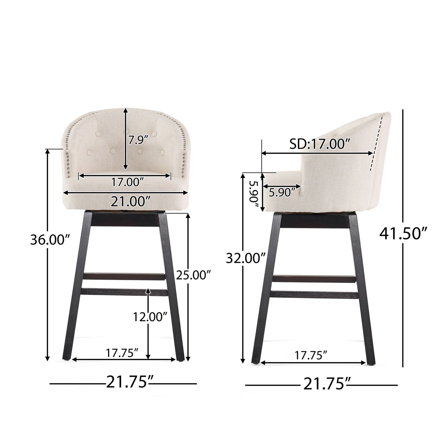 360 Degree Swivel Bar Stool With Stunning Nailhead Trim (Set of 2) Noble House