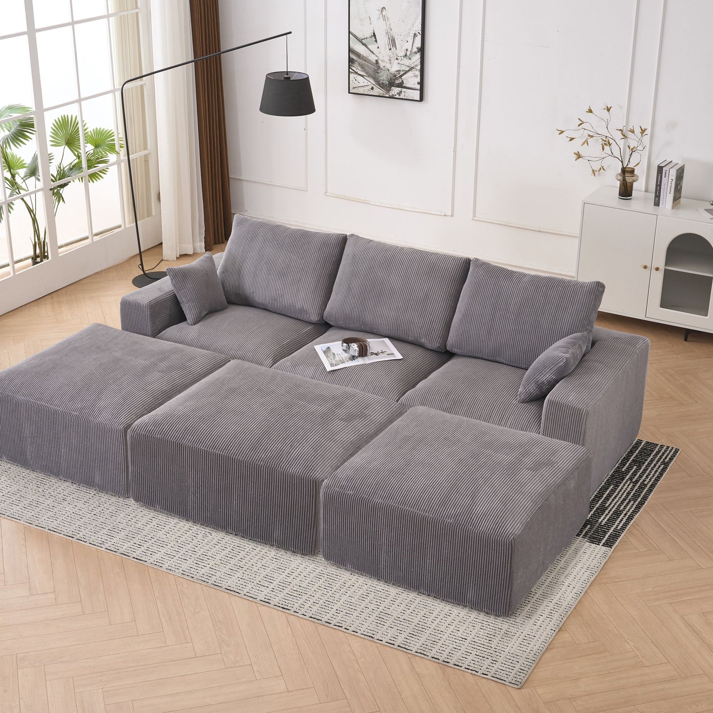 Modular Sectional Sofa With Ottoman, USB And Type C Charger, Petal Armrest Design - Snoozhouse