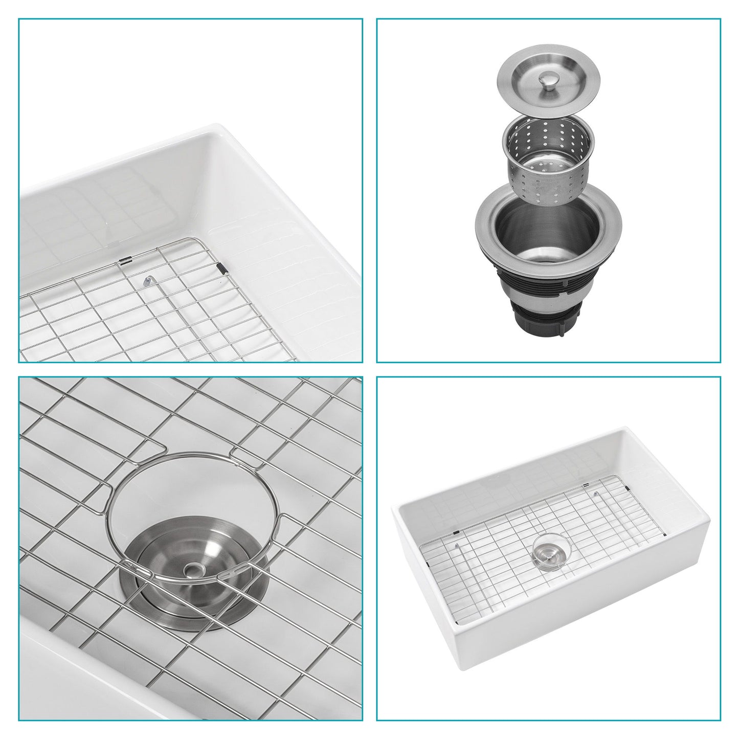 33" Undermount Sink With Apron Front, Single Bowl, Grid - White Daily Nest