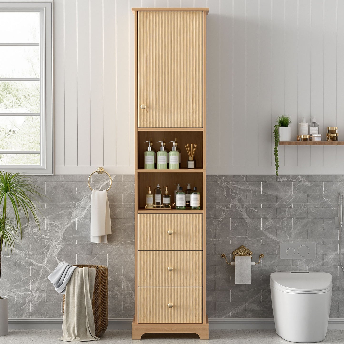 Tall Bathroom Cabinet With 1 Door, 3 Drawers, Open Storage - Wood Hearth and Haven