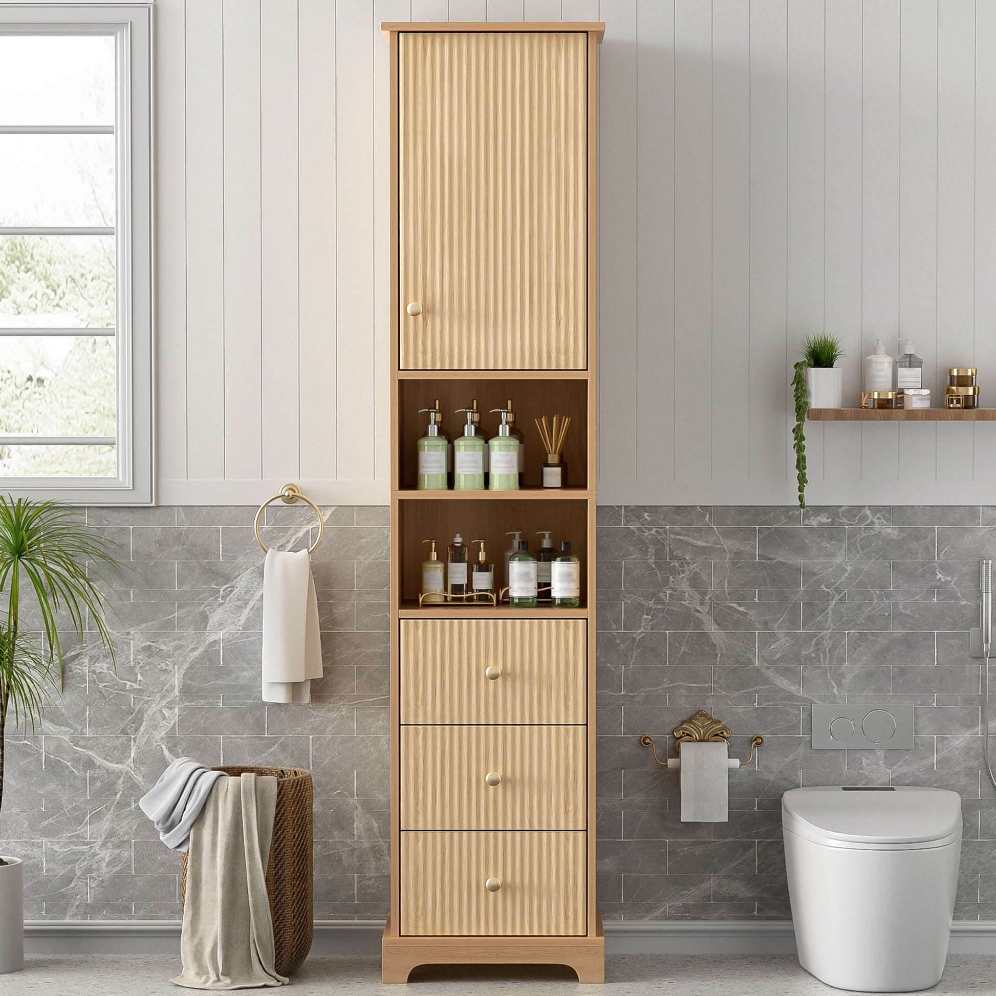 Tall Bathroom Cabinet With 1 Door, 3 Drawers, Open Storage - Wood Hearth and Haven