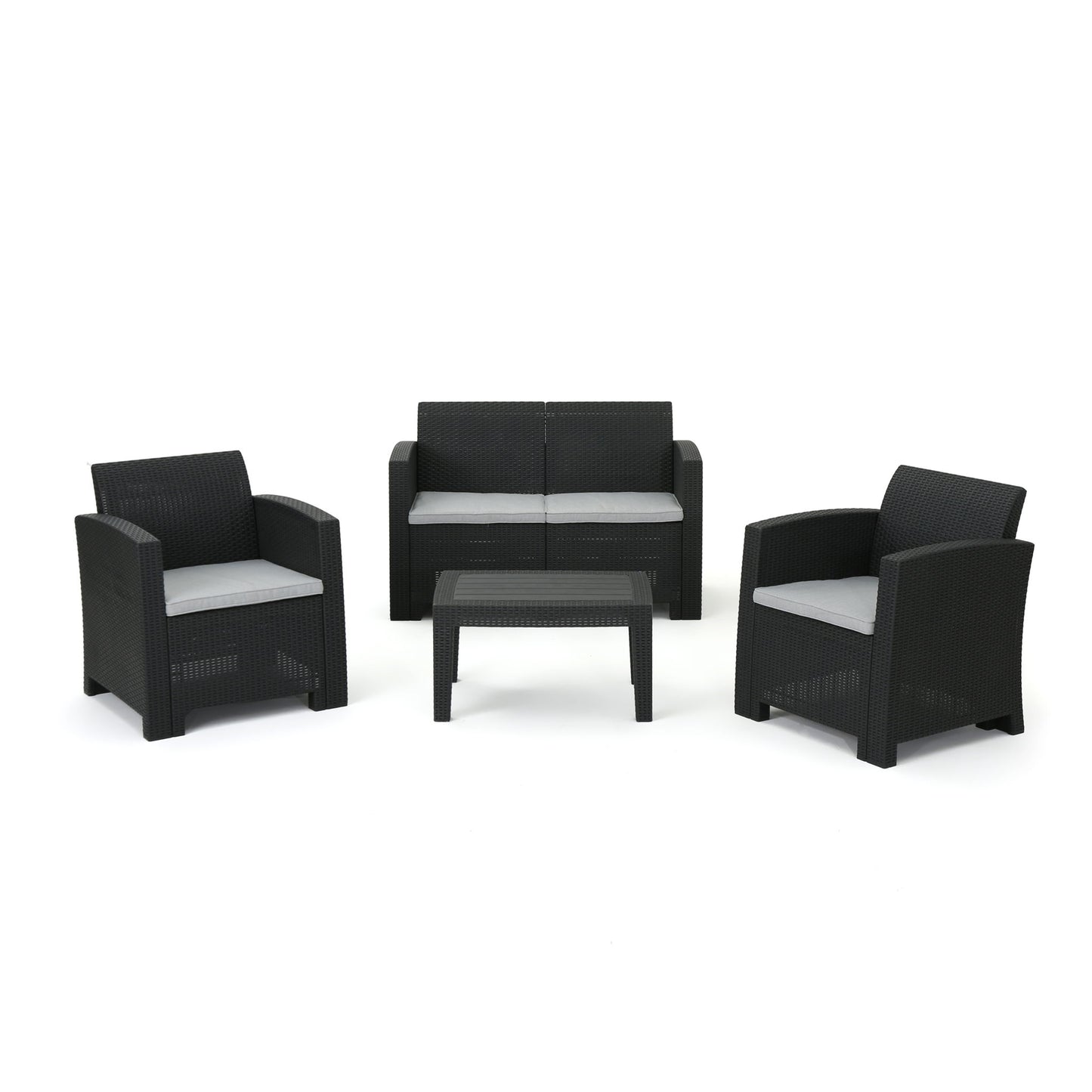 Zephyra - Outdoor 4 Piece Faux Wicker Rattan Chat Set With Water Resistant Cushions - Gray Noble House