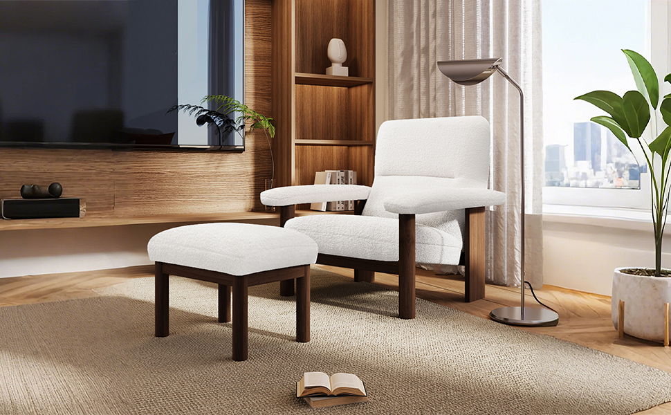 Modern Accent Chair With Ottoman, Mid Century Lounge Chair With Footrest, Comfy Fabric Armchair Upholstered Set With Solid Wood Frame For Living Room - White Hearth and Haven