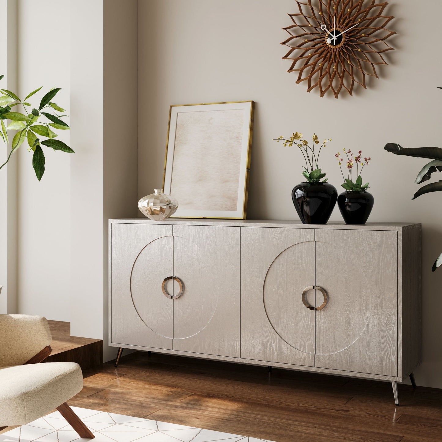 Modern Lacquered 4 Door Wooden Cabinet Sideboard Buffet Server Cabinet Storage Cabinet, For Living Room, Entryway, Hallway, Office, Kitchen And Dining Room Home Essentials