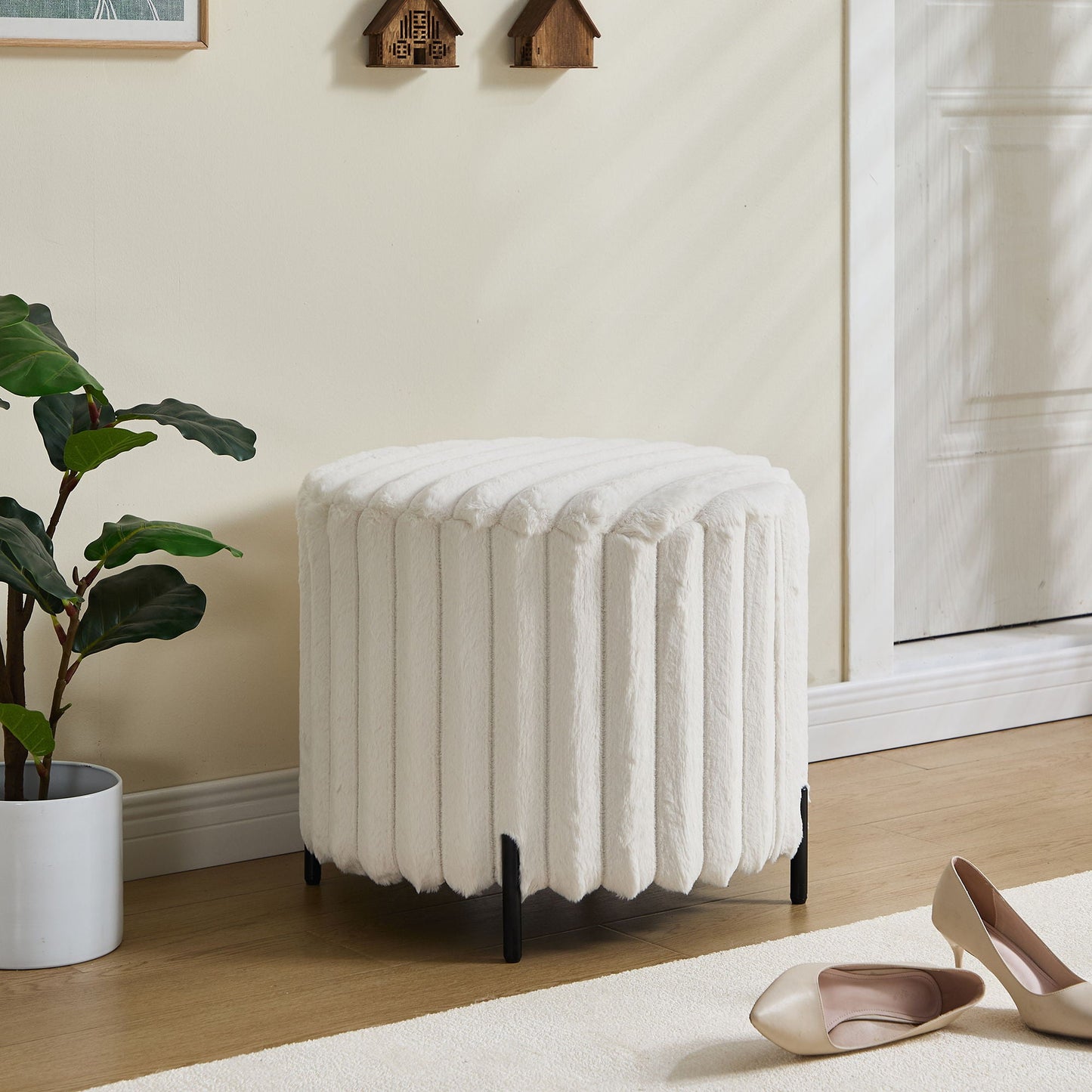 Wide Upholstered Round Pouf Ottoman Foot Rest Home Essentials