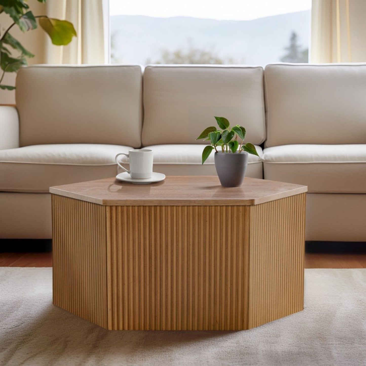 Hexagon Coffee Table With Fluted Design - Natural JLA