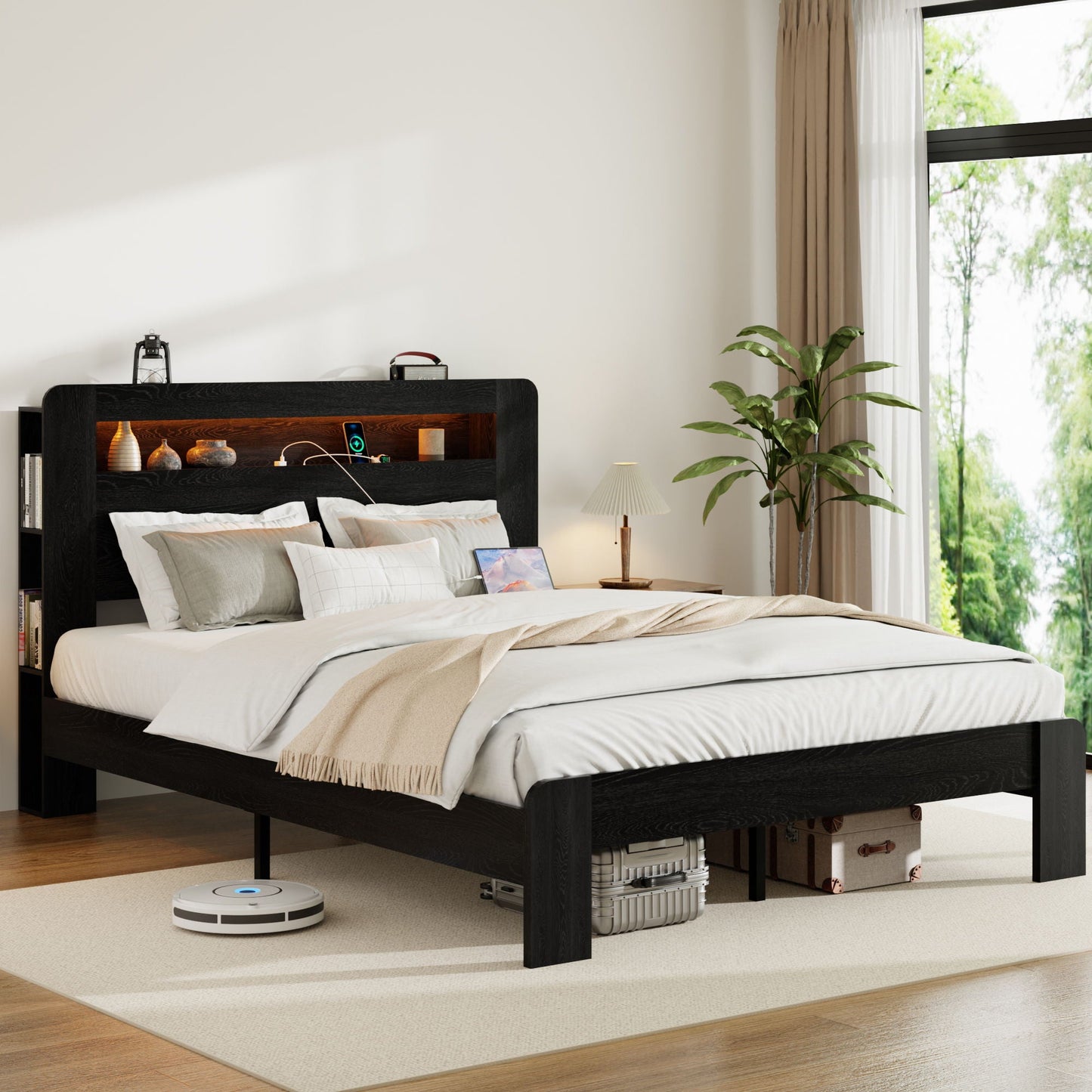 Wood Platform Bed Frame With Storage LED Light Headboard & USB Home Essentials