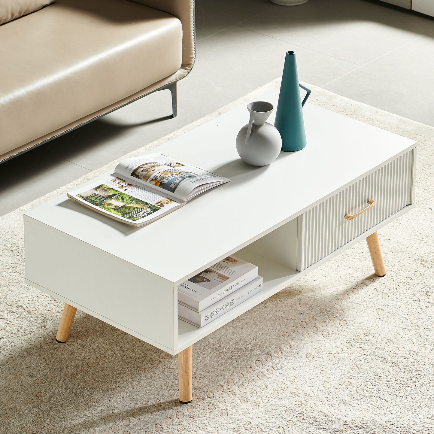 Modern Rectangle Coffee Table With Legs, Sliding Drawer For Storage - White Home Essentials