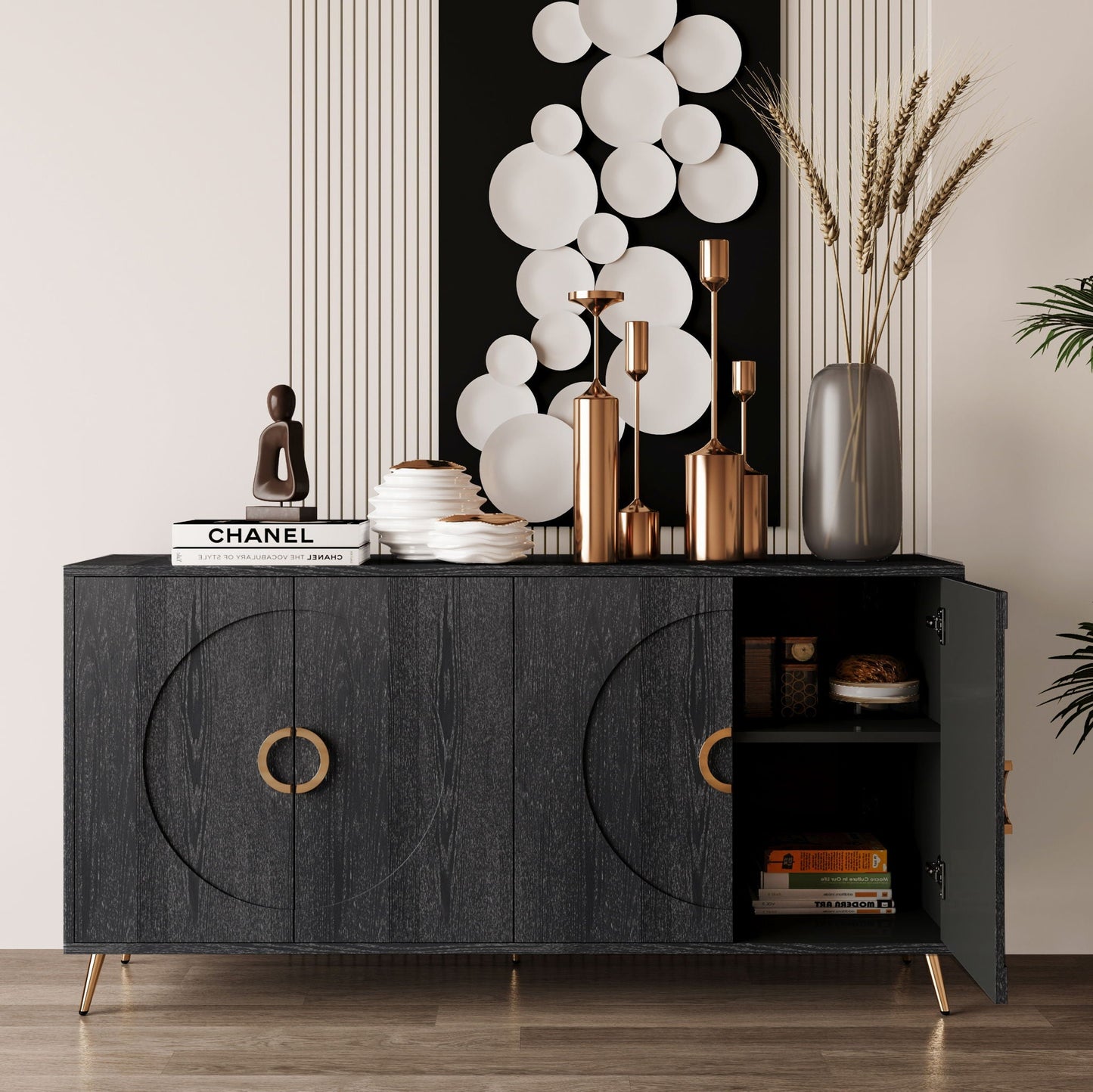 Modern Lacquered 4 Door Wooden Cabinet Sideboard Buffet Server Cabinet Storage Cabinet, For Living Room, Entryway, Hallway, Office, Kitchen And Dining Room Home Essentials