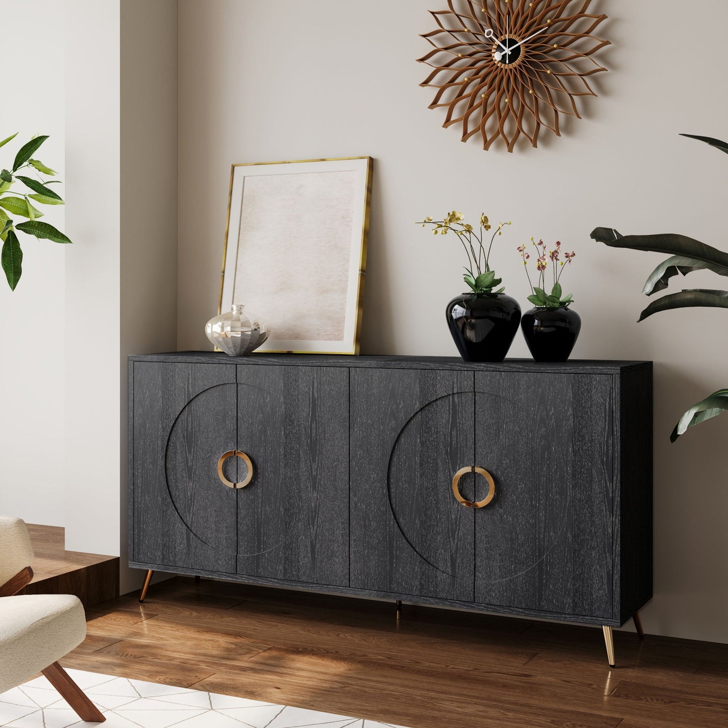 Modern Lacquered 4 Door Wooden Cabinet Sideboard Buffet Server Cabinet Storage Cabinet, For Living Room, Entryway, Hallway, Office, Kitchen And Dining Room Home Essentials