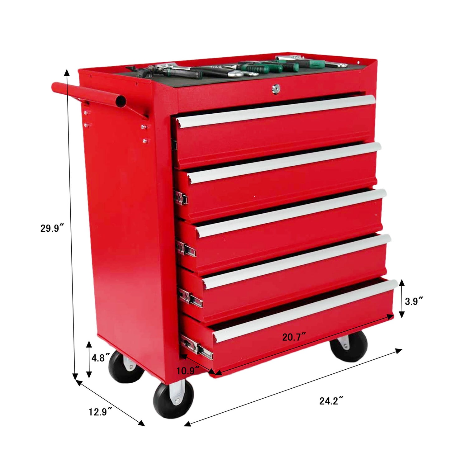 5 Drawer Metal Rolling Tool Chest With Locking System And Wheels - Red Daily Nest