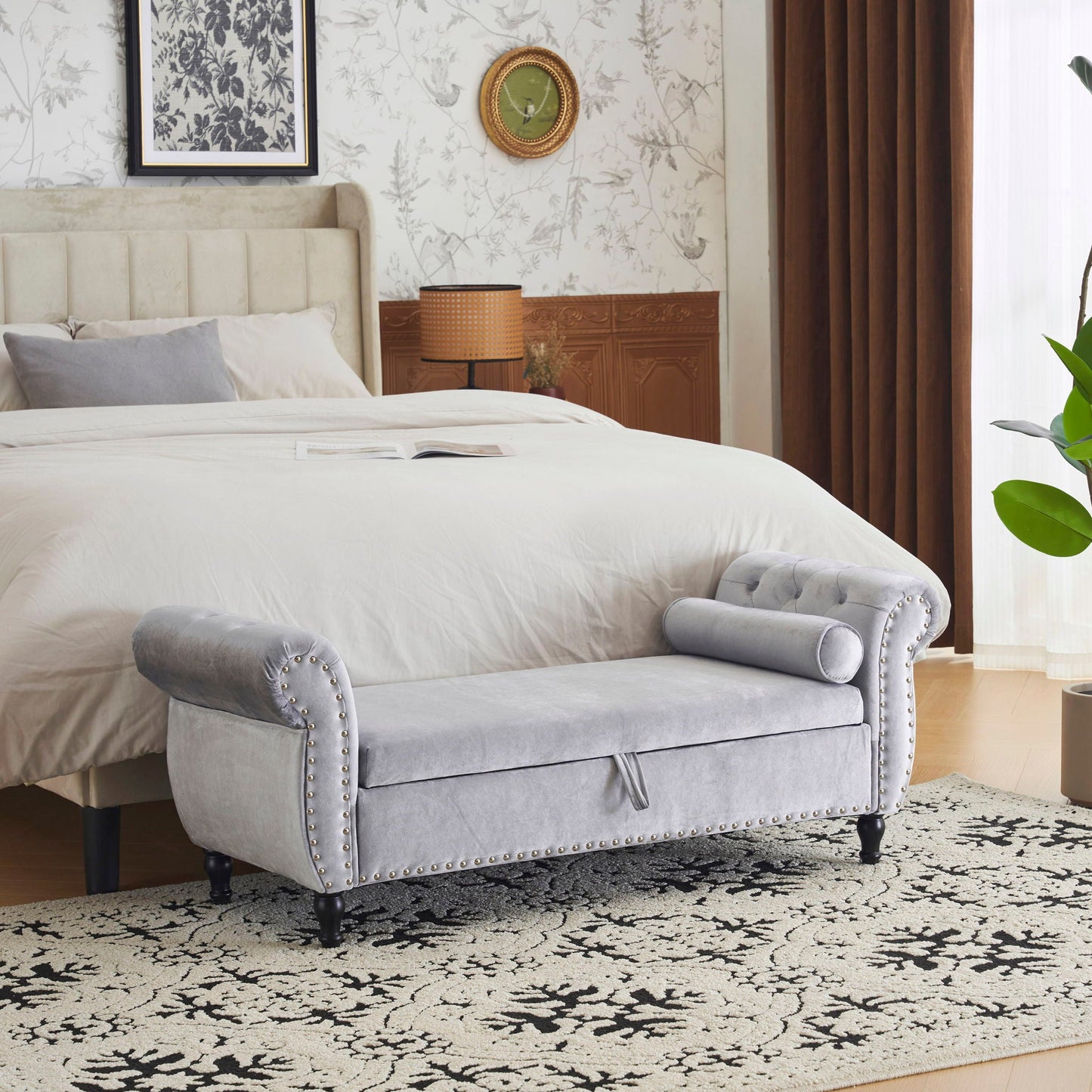 Luxurious Velvet Multifunctional Storage Ottoman Bench With Pillow Noble House