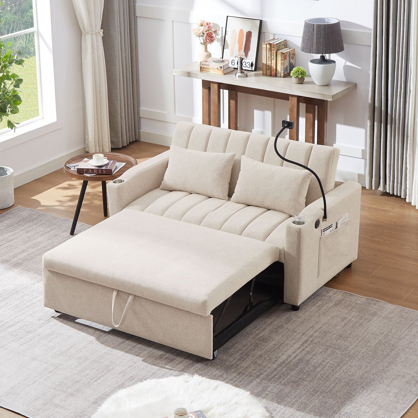 Convertible Sofa Bed Loveseat Sofa With Three USB Ports, Two Side Pockets, Two Cup Holders And 360° swivel Phone Holder For Living Room Hearth and Haven