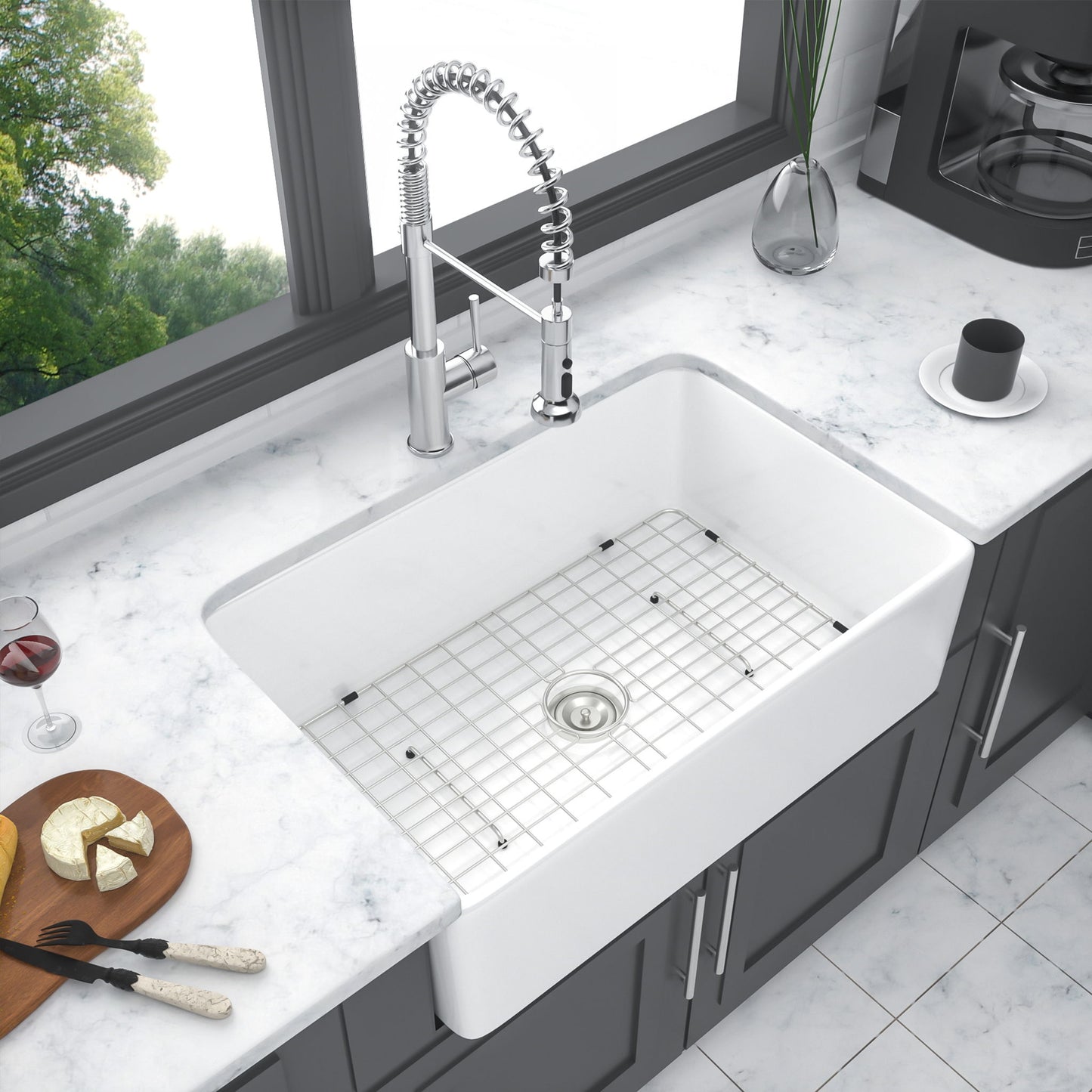 Sink 30" Apron Front Reversible Single Bowl Kitchen Sink & Grid And Strainer - White Daily Nest