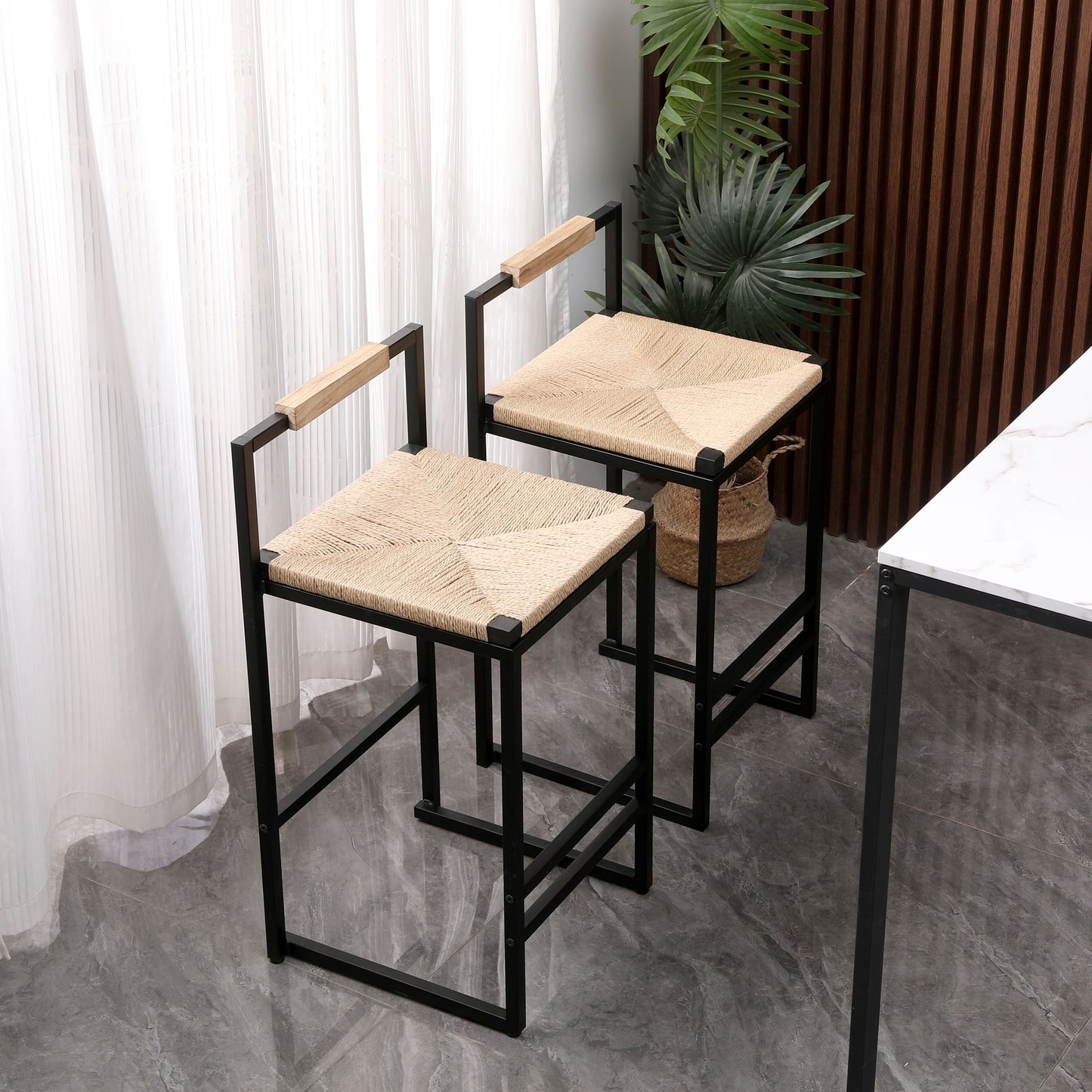 Stylish (Set of 2) Bar Stools With Backrest And Paper Rope Woven Seat, Counter Height Dining Chairs For Kitchen - Natural Home Essentials