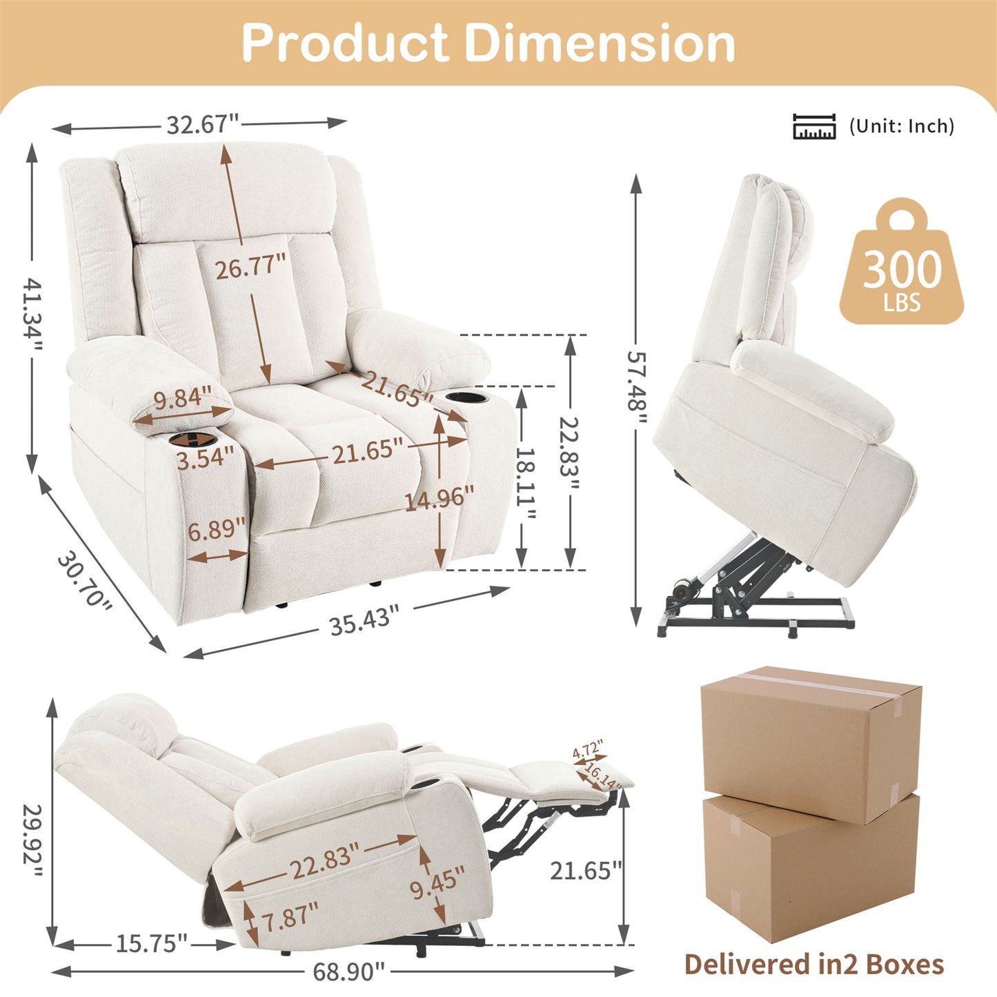 Power Lift Recliner Chair With Extended Footrest, Remote Control, Cup Holders, And Side Pockets Home Essentials