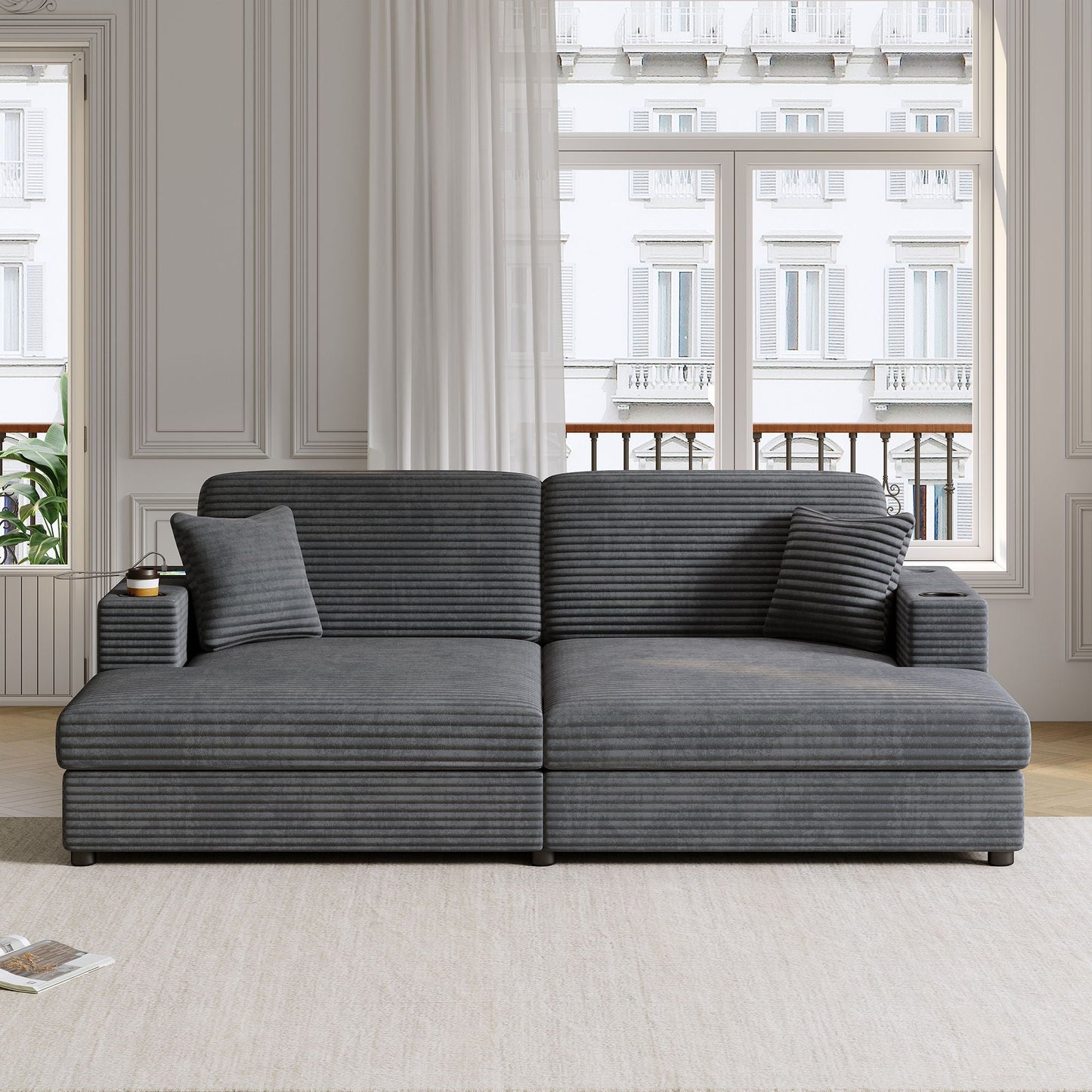 Oversized Loveseat Chaise With 2 USB Ports, 2 Cup Holders And 2 Throw Pillows Hearth and Haven