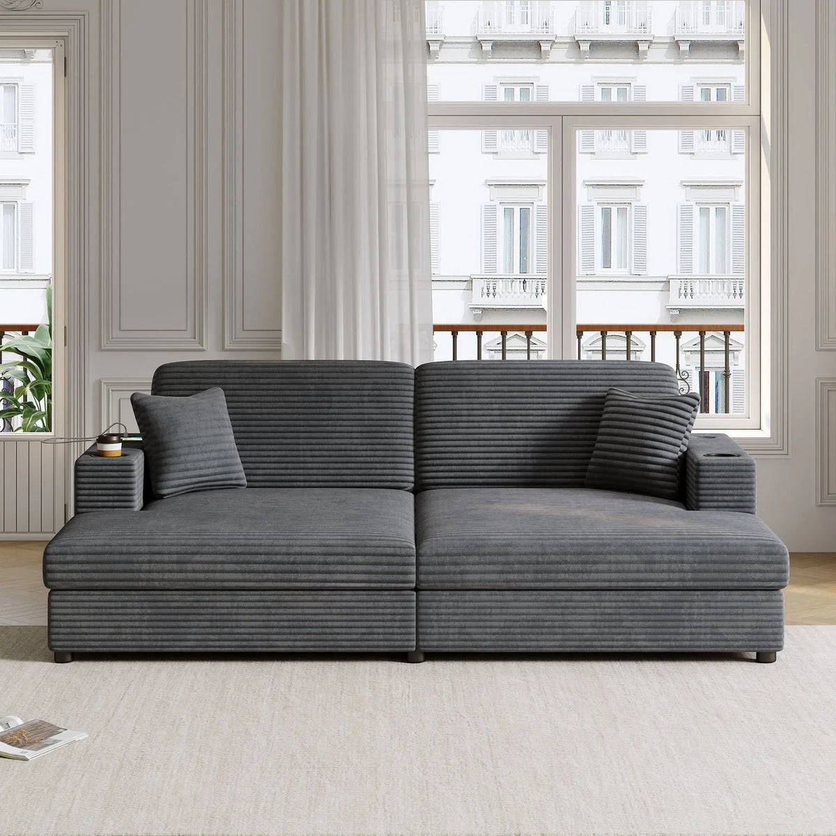 Oversized Loveseat Chaise With 2 USB Ports, 2 Cup Holders And 2 Throw Pillows Hearth and Haven