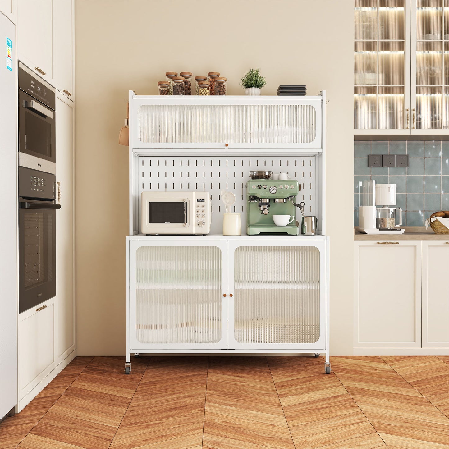 Contemporary Kitchen Pantry Cabinet With Glass Doors, Adjustable Shelves, Steel - Brushed Nickel Home Essentials