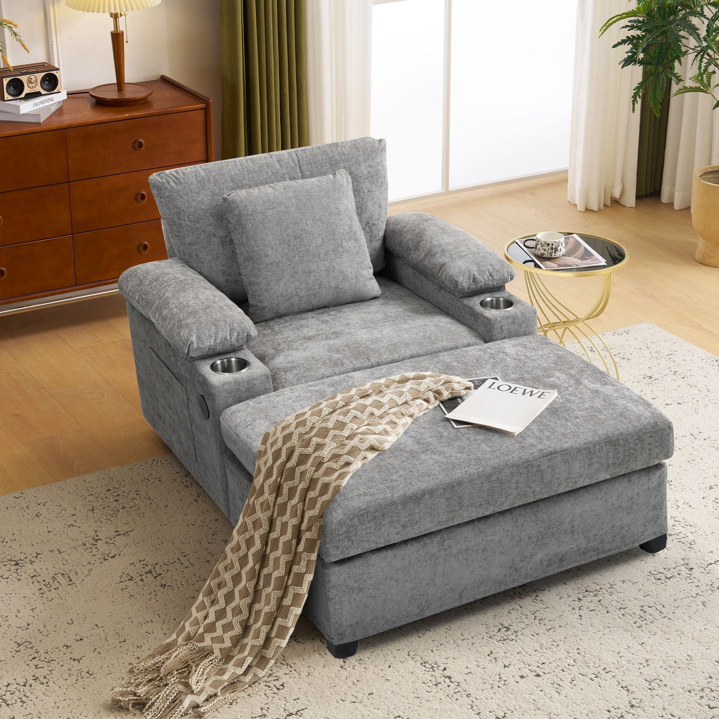 Modern Oversized Chair With Ottoman, Cupholders And USB Charging Ports Home Essentials