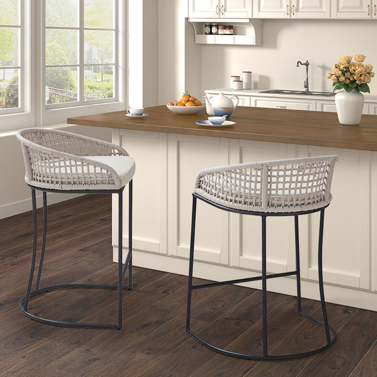 Coastal Woven Counter Stool With Upholstered Seat JLA