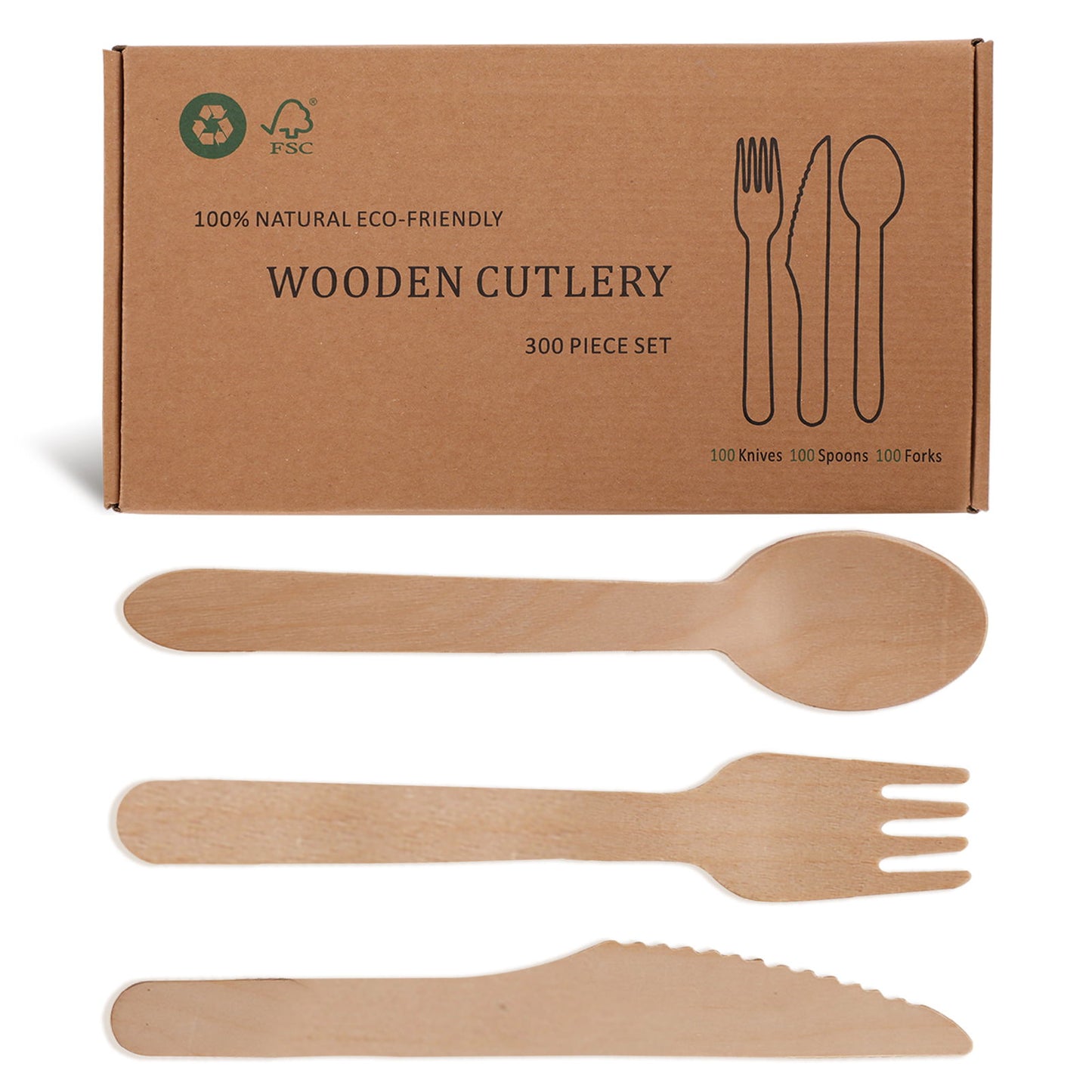 Wooden Compostable Utensils Set 300 Pieces 100 Forks 100 Spoons 100 Knives Sturdy Wood Disposable Cutlery Eco Friendly Biodegradable Utensils For Party Free From Plastic Cutlery Set For Eating - Natural Wood Daily Nest