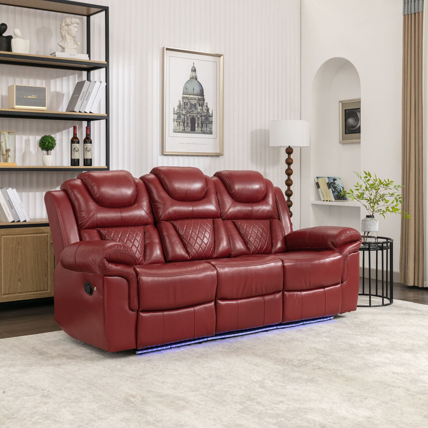 Home Theater Seating Manual Recliner Chair With Center Console And Led Light Strip For Living Room Hearth and Haven