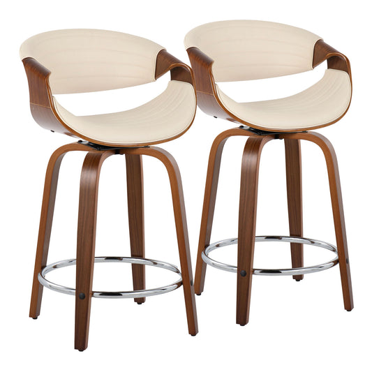 Symphony - Mid-Century Modern Fixed Height Counter Stool With Swivel And Round Footrest (Set of 2) - Walnut / Cream Lumi Source