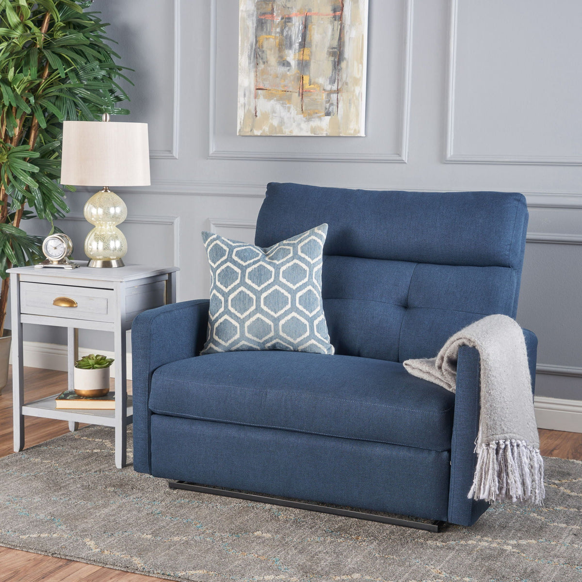 Alma - Contemporary Upholstered Loveseat Recliner - Navy Blue Noble House