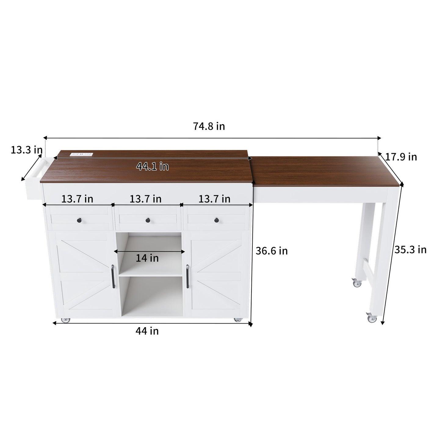 Modern Kitchen Island With Extendable Dining Table & Power Outlet - White Home Essentials