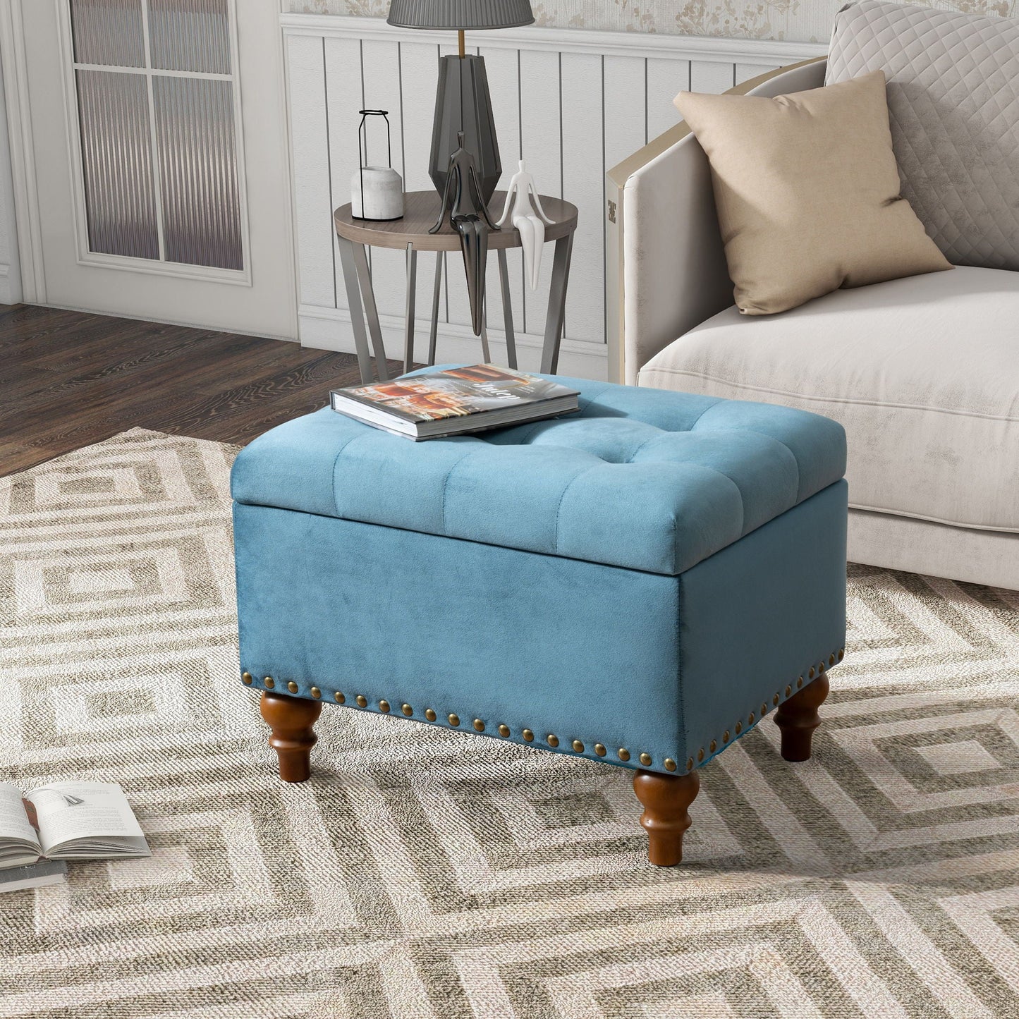 Upholstered Ottoman With Storage And Rivet Trim Home Essentials