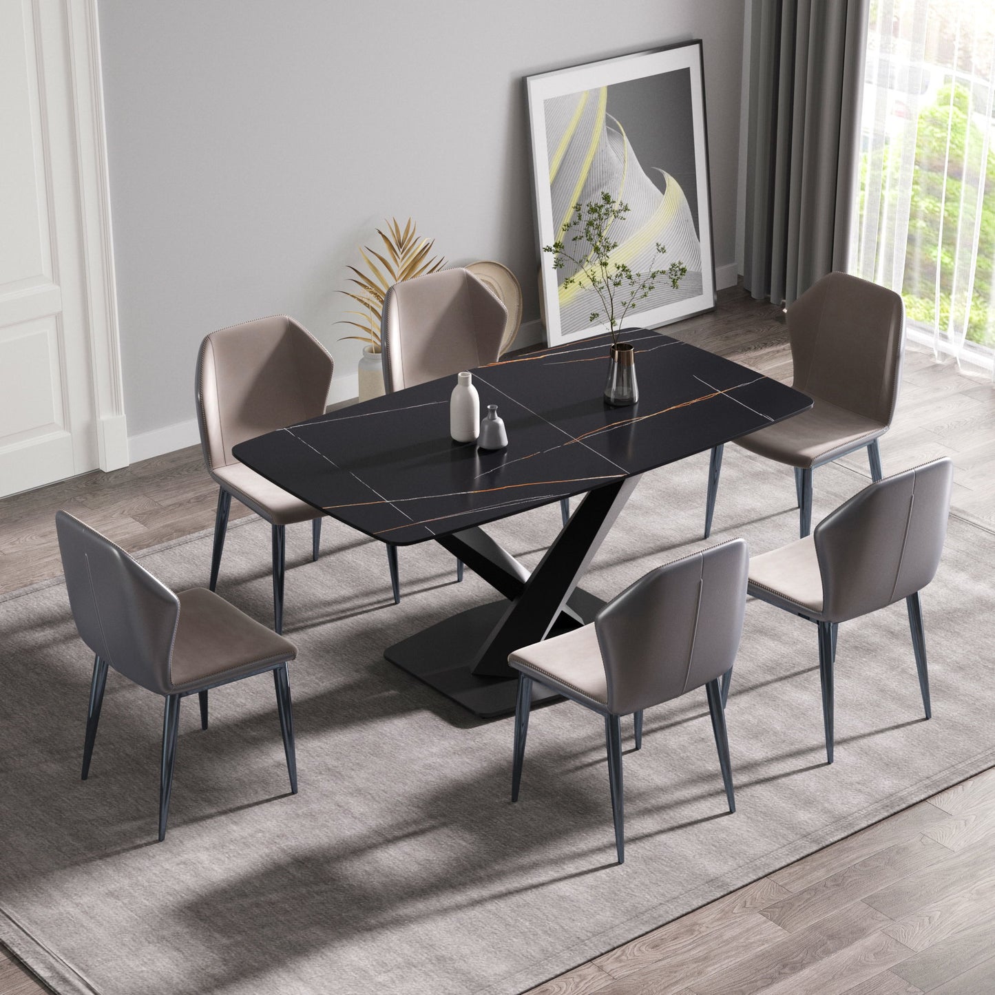 63" Artificial Stone Black Curved Black Metal Leg Dining Table - Black Home Essentials