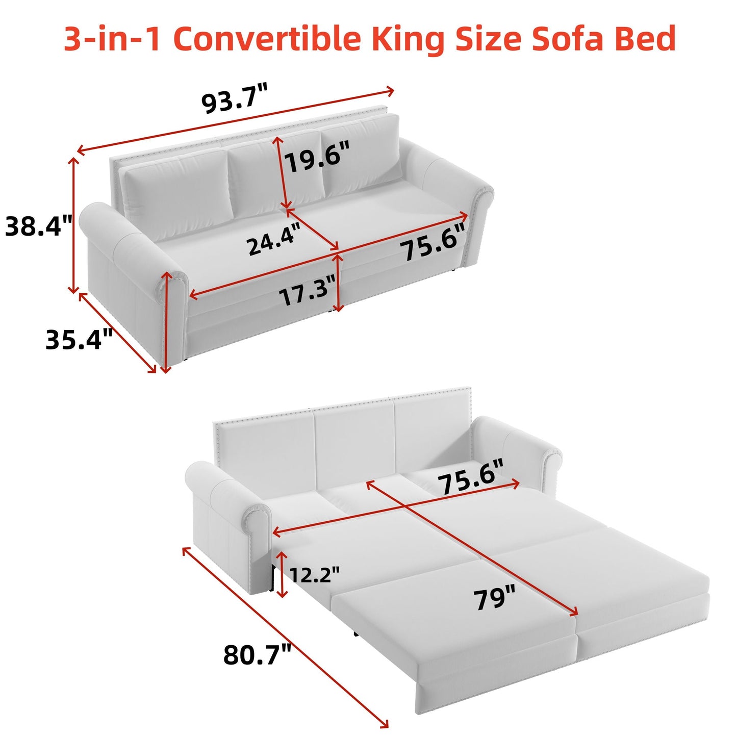3 In 1 Convertible Sleeper Sofa With Nailhead Trim & Rolled Arm Home Essentials