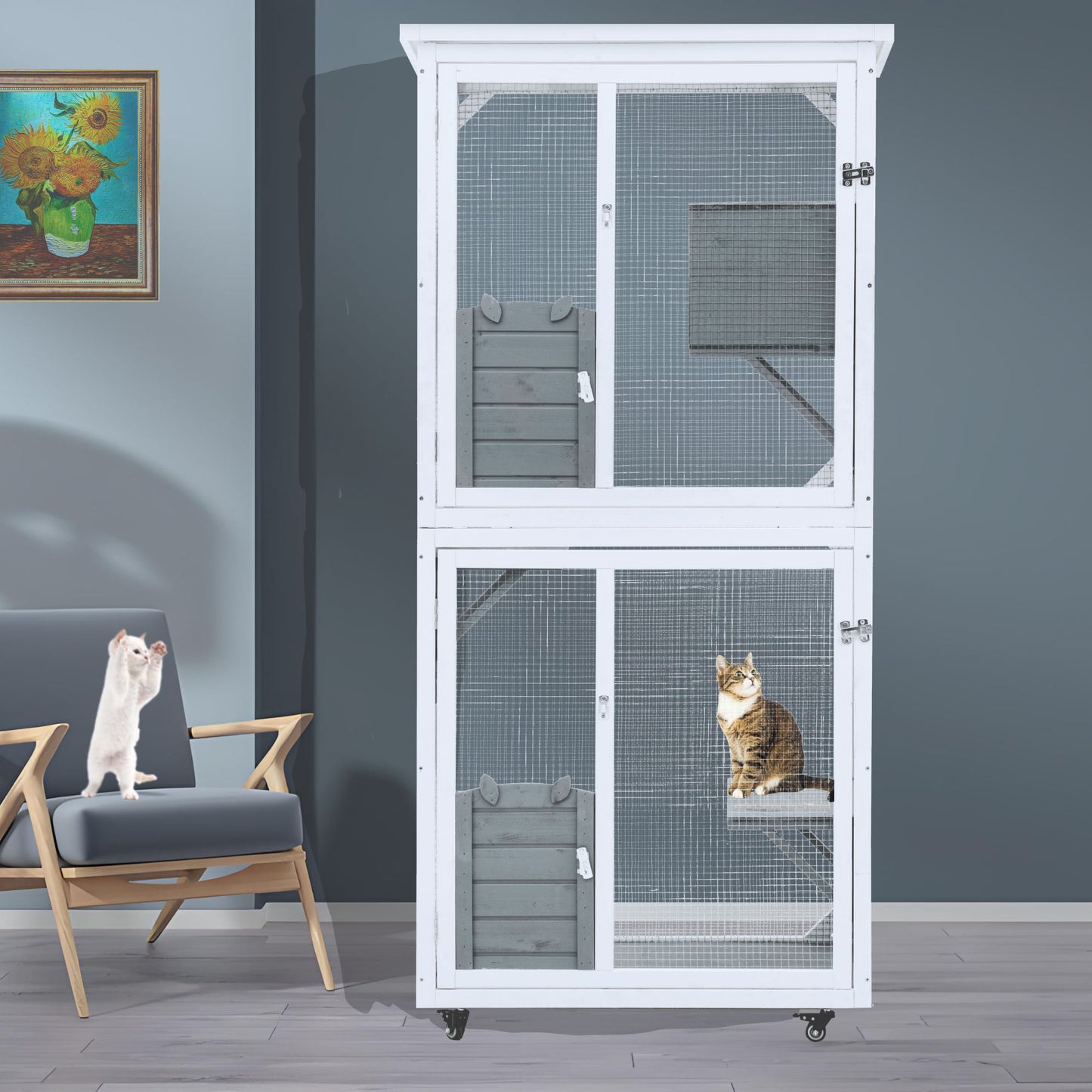Xpt016 Outdoor Indoor Cat Pet Climbing Rack Play Cage Lovely Big Space - White Daily Nest