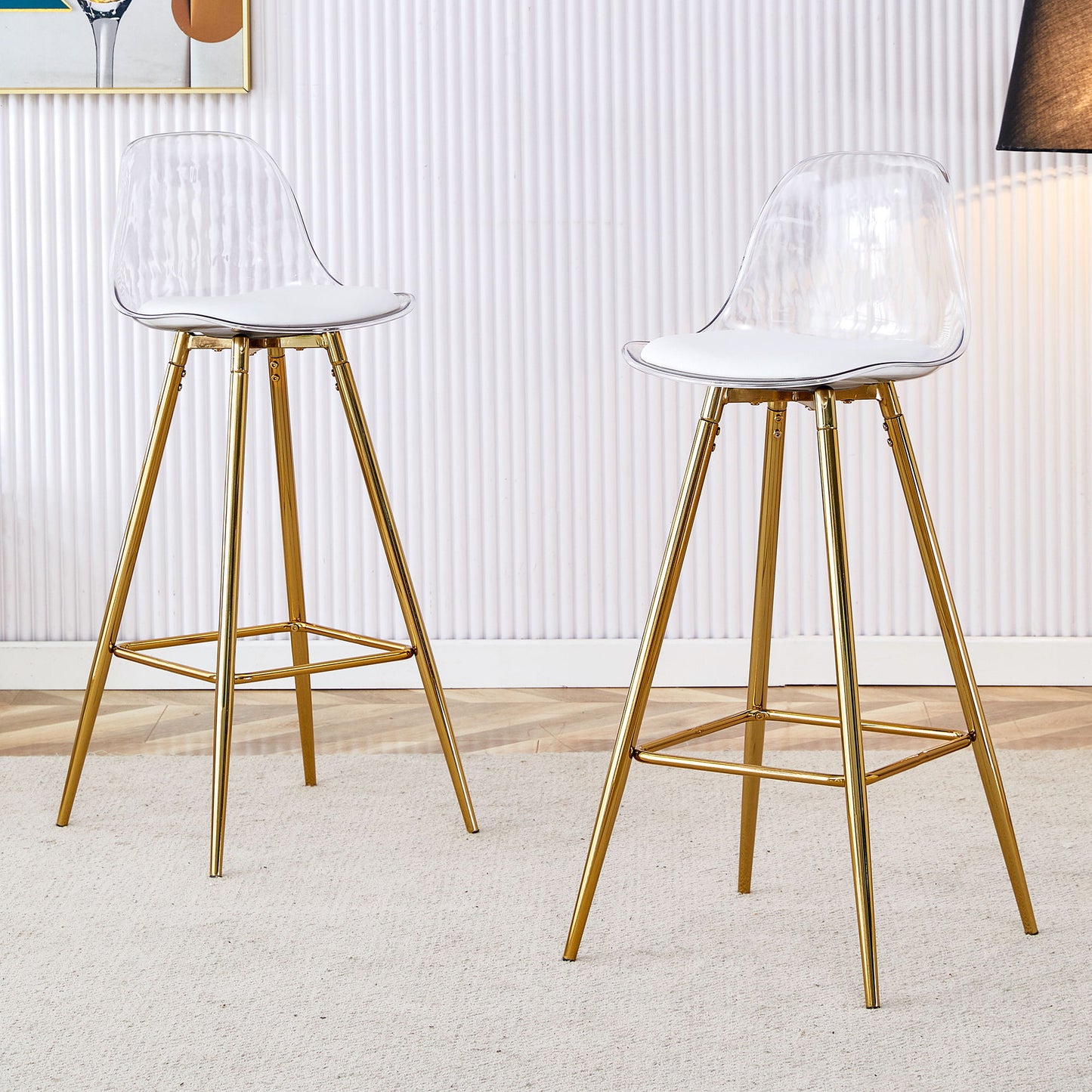 Stylish Upholstered Bar Chairs With Metal Legs For Dining Room Kitchen And Terrace - White / Gold Home Essentials