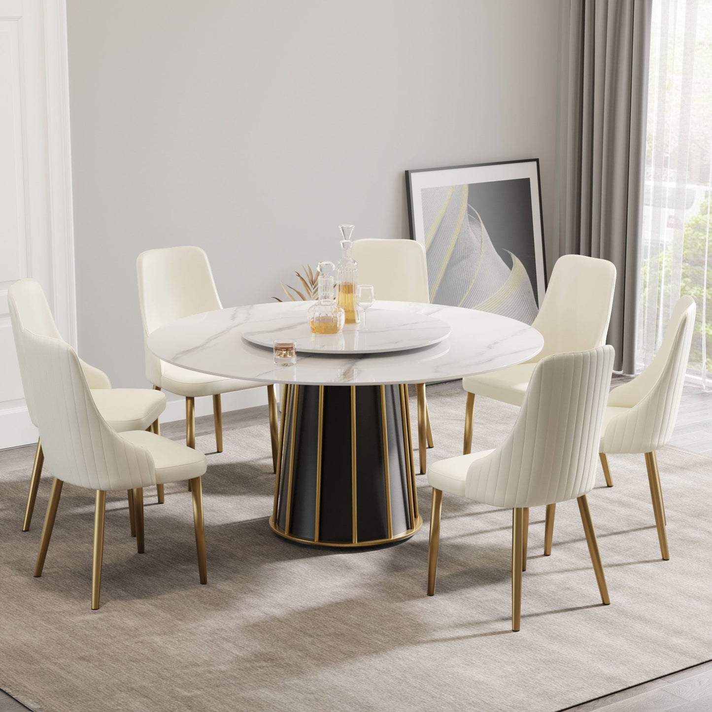59.05" Modern Artificial Stone Round Panel Metal Iron Base Dining Table, Can Accommodate 8 People Artificial Stone Turntable (Not Including Chairs) - White / Black Home Essentials
