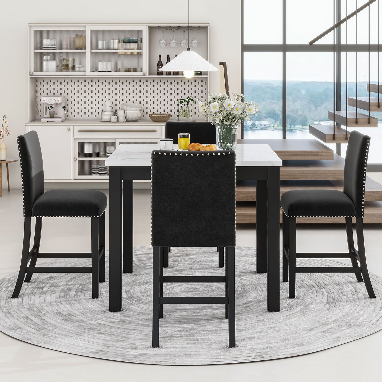 5-Piece Counter Height Dining Table Set With One Faux Marble Top Dining Table And Four Velvet Upholstered Chairs Home Essentials