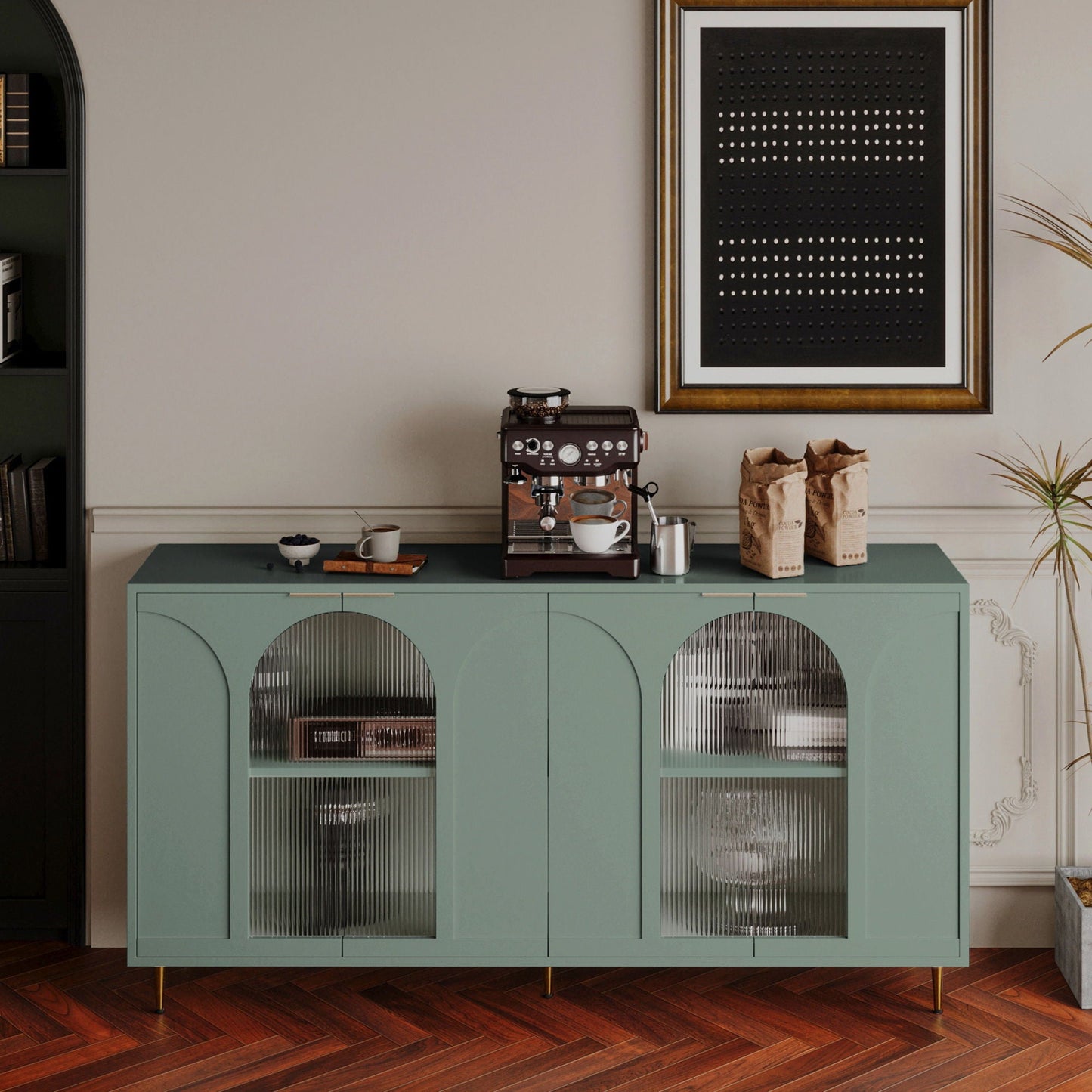 Accent Cabinet Lacquered Wooden Cabinet With 4 Glass Doors Sideboard Buffet Server Cabinet Storage Cabinet, For Living Room, Entryway, Hallway, Office, Kitchen And Dining Room Home Essentials