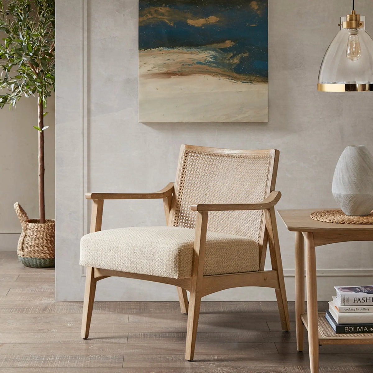 Chair With Cane Inset Back And Upholstered Seat - Light Brown JLA