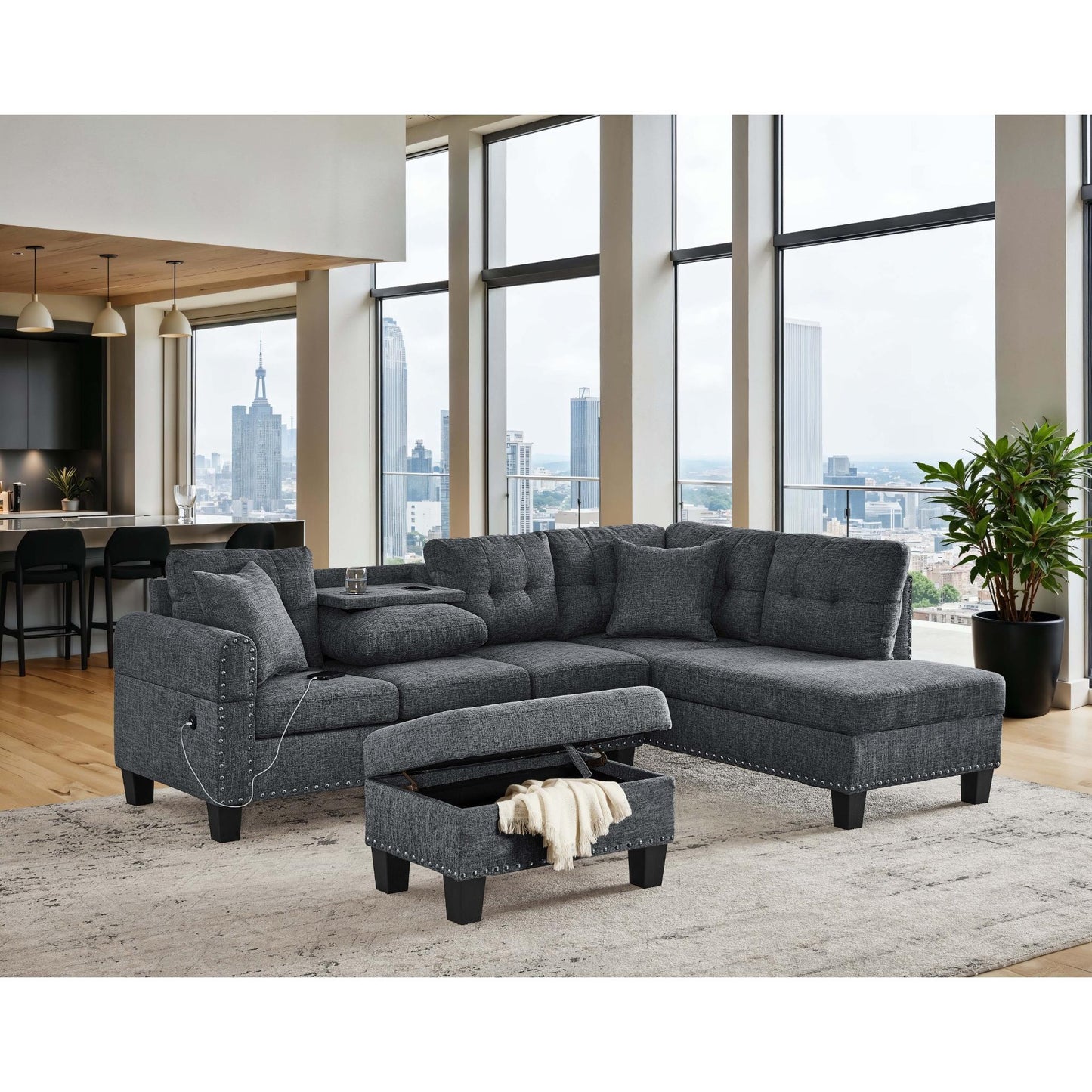 Camden - Power Sectional Sofa With Storage Ottoman And Built In Charging Ports - Gray The Soft House