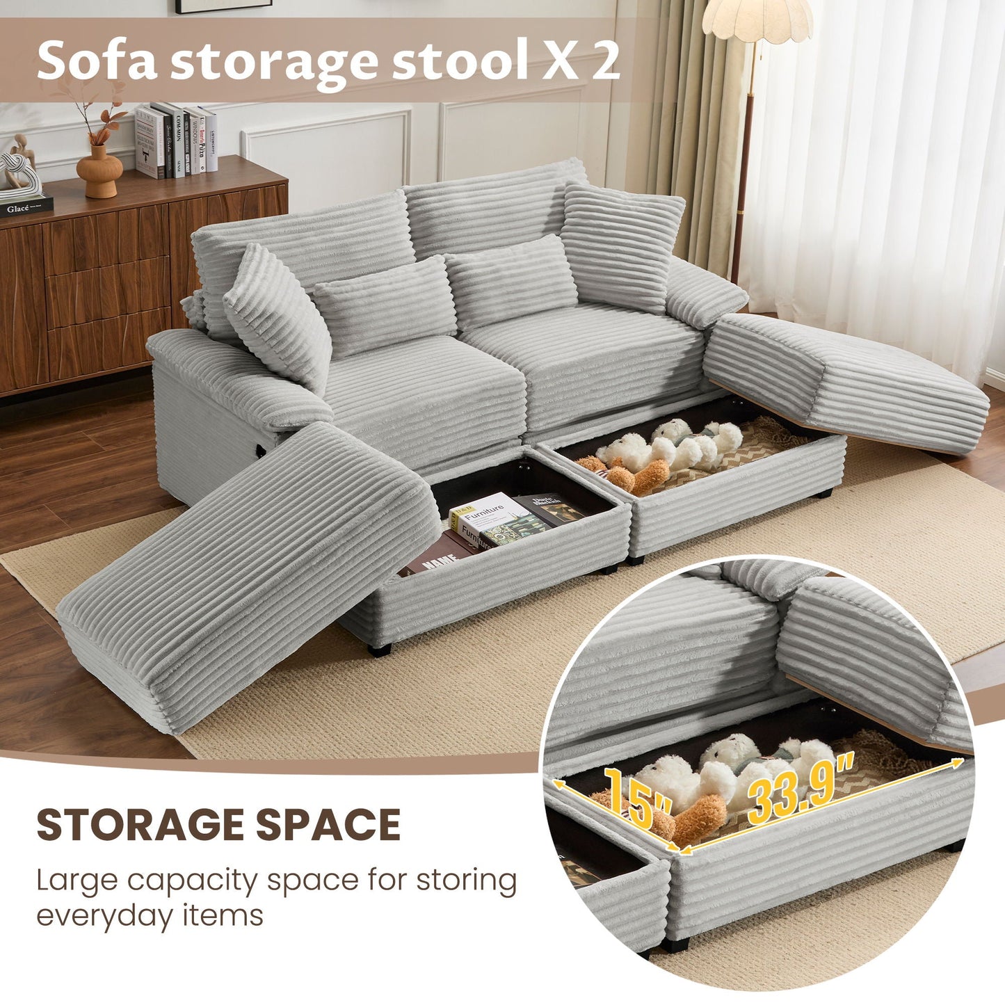Double Chaise Lounge Set With Reversible Storage Ottomans, USB Port - Snoozhouse