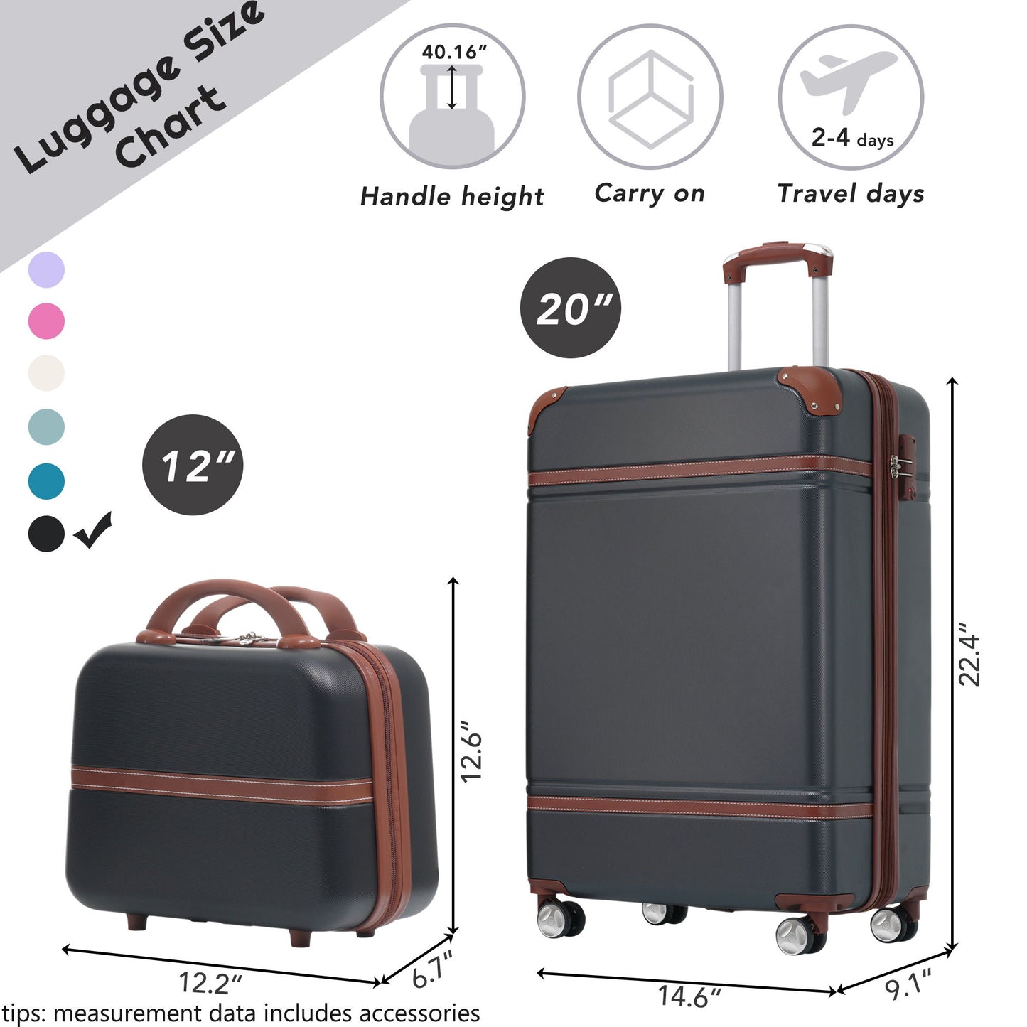 20" Hardside Luggage With Cosmetic Case, 2 Piece Lightweight Suitcase Set With Spinner Wheels, Carry On Vintage Luggage Daily Nest