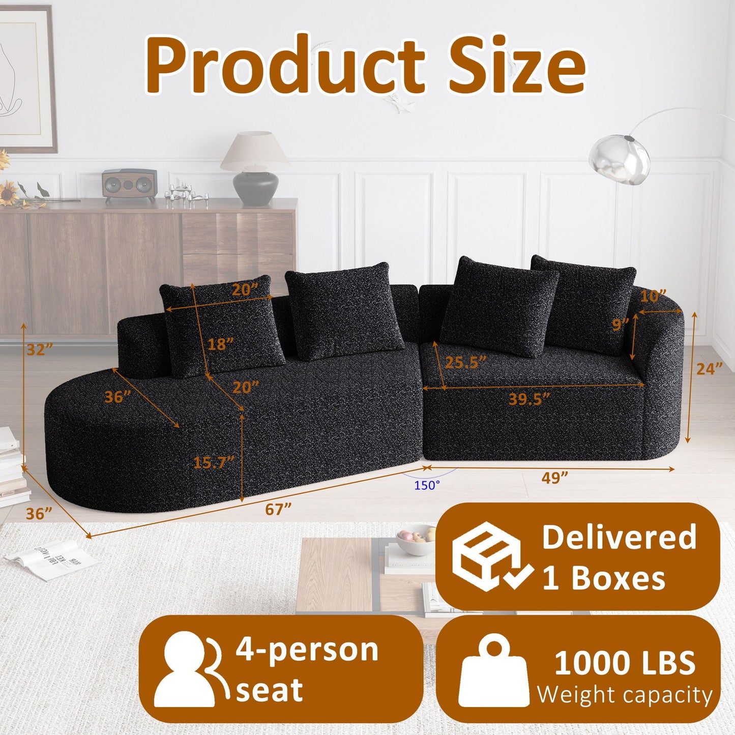 Upholstered Oversized Sectional Sofa, 4 Seater Extra Deep & Wide Seat Curved Cloud Couch With 4 Throw Pillows, Free Combination Living Room - Black Home Essentials