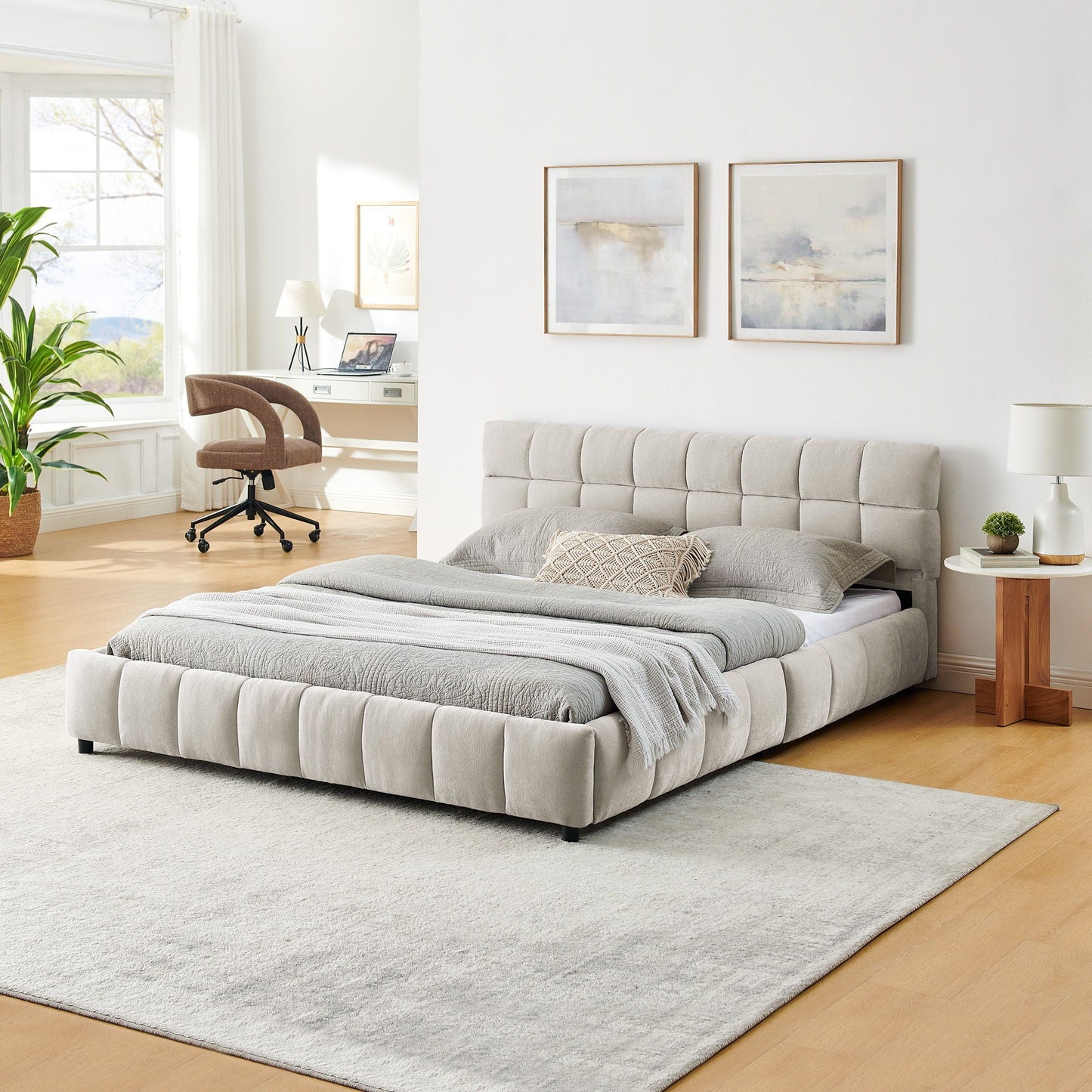 Modern Platform Bed Frame With Thick Chenille Fabric Home Essentials