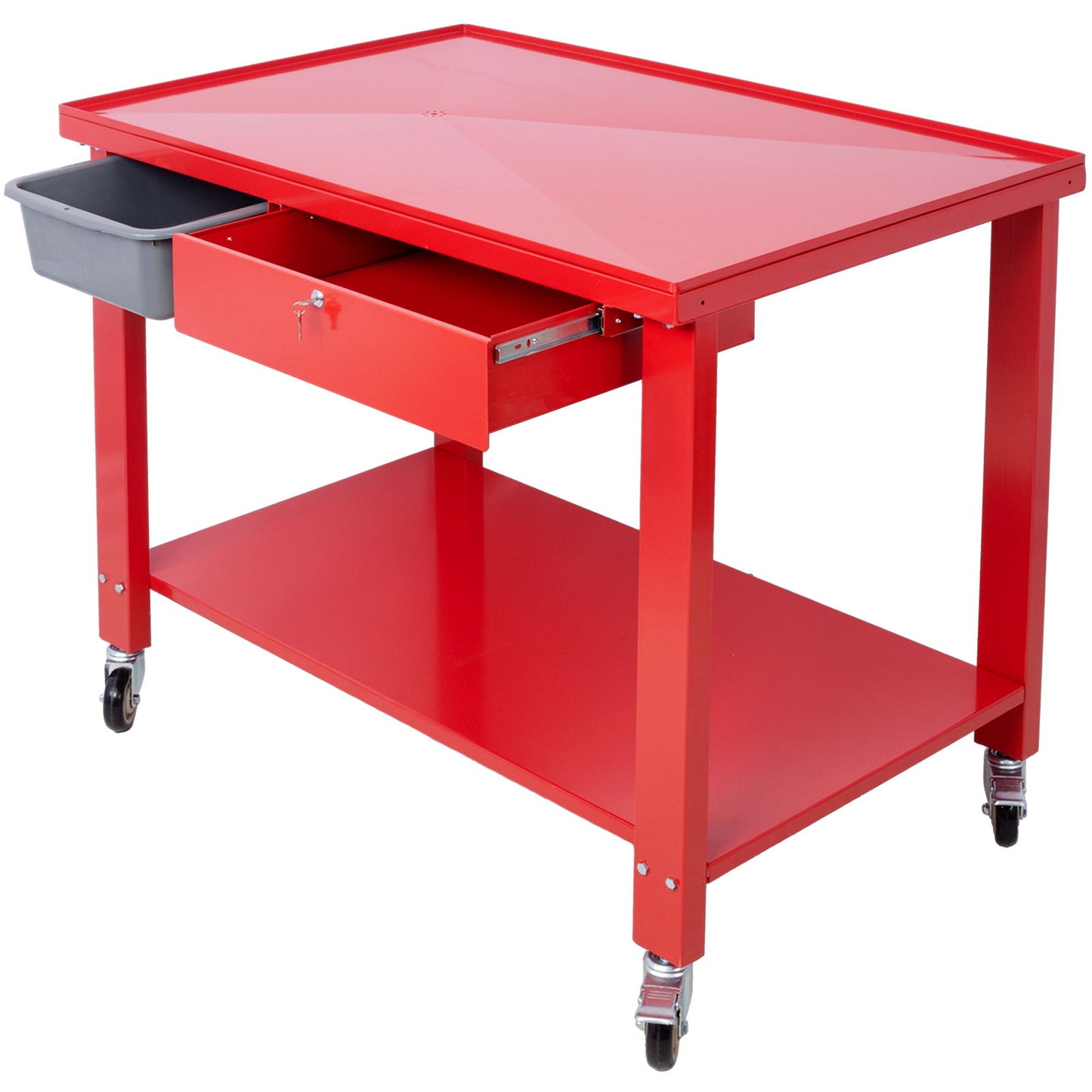 Transmission Teardown Work Station 1 / 2 Ton Capacity Sloping Drain Table Locking Drawer Removable Drain Basin Full-Width Lower Shelf Four 4" Caster Wheels Daily Nest