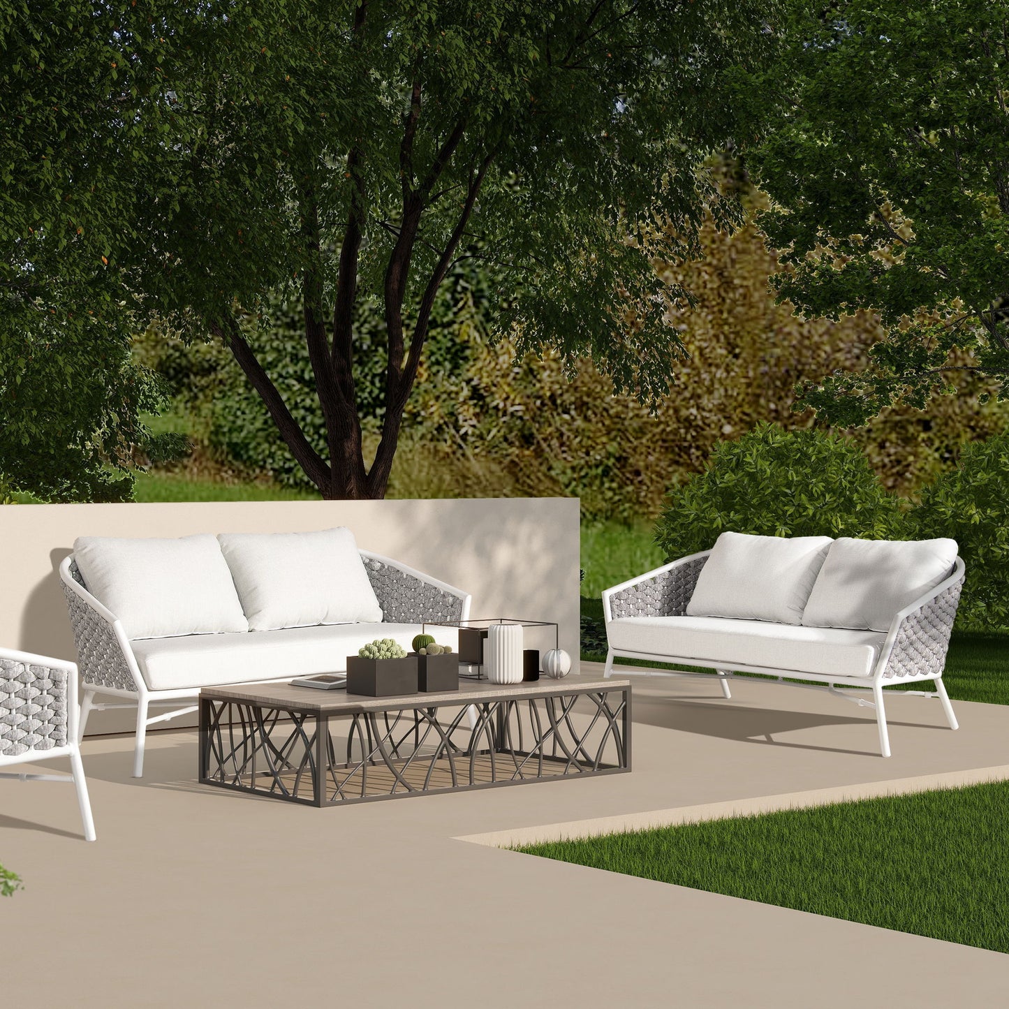 Rowan - Rope Barrel Back Patio Conversation Loveseat Sofa - Optic White Jennifer Taylor Home