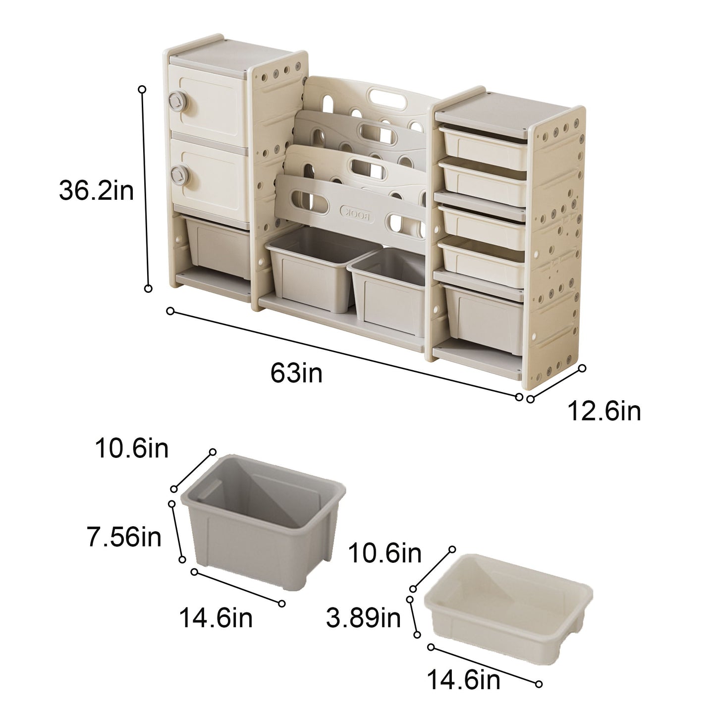 Kids Toy Storage Organizer With 8 Removable Toy Bins, 4 Tier Bookshelf, And 2 Cabinet Storage - Gray / Ivory Home Essentials