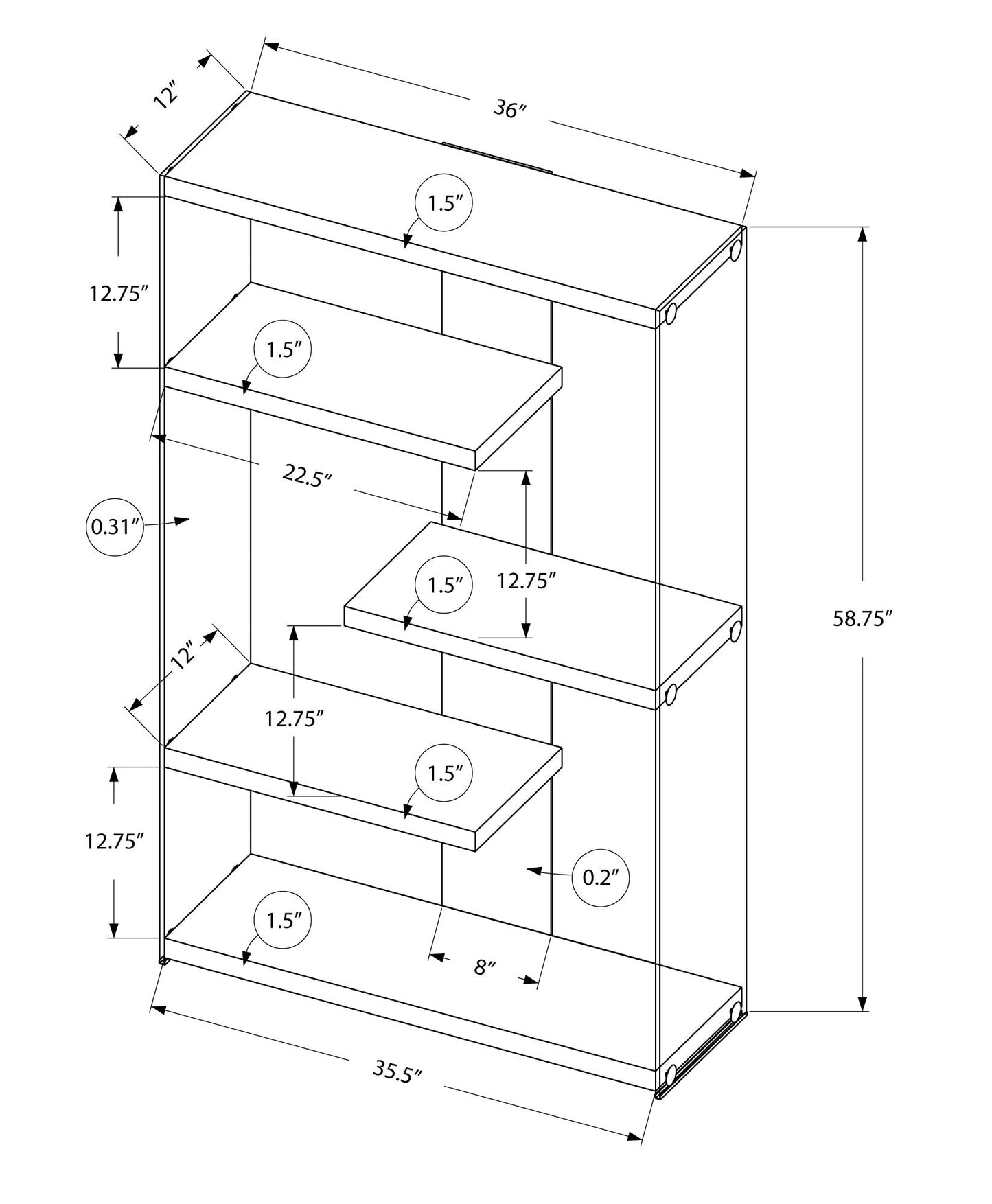 Bookshelf, Bookcase, Etagere, 5 Tier, Office, Glossy Contemporary & Modern - White 8th Street