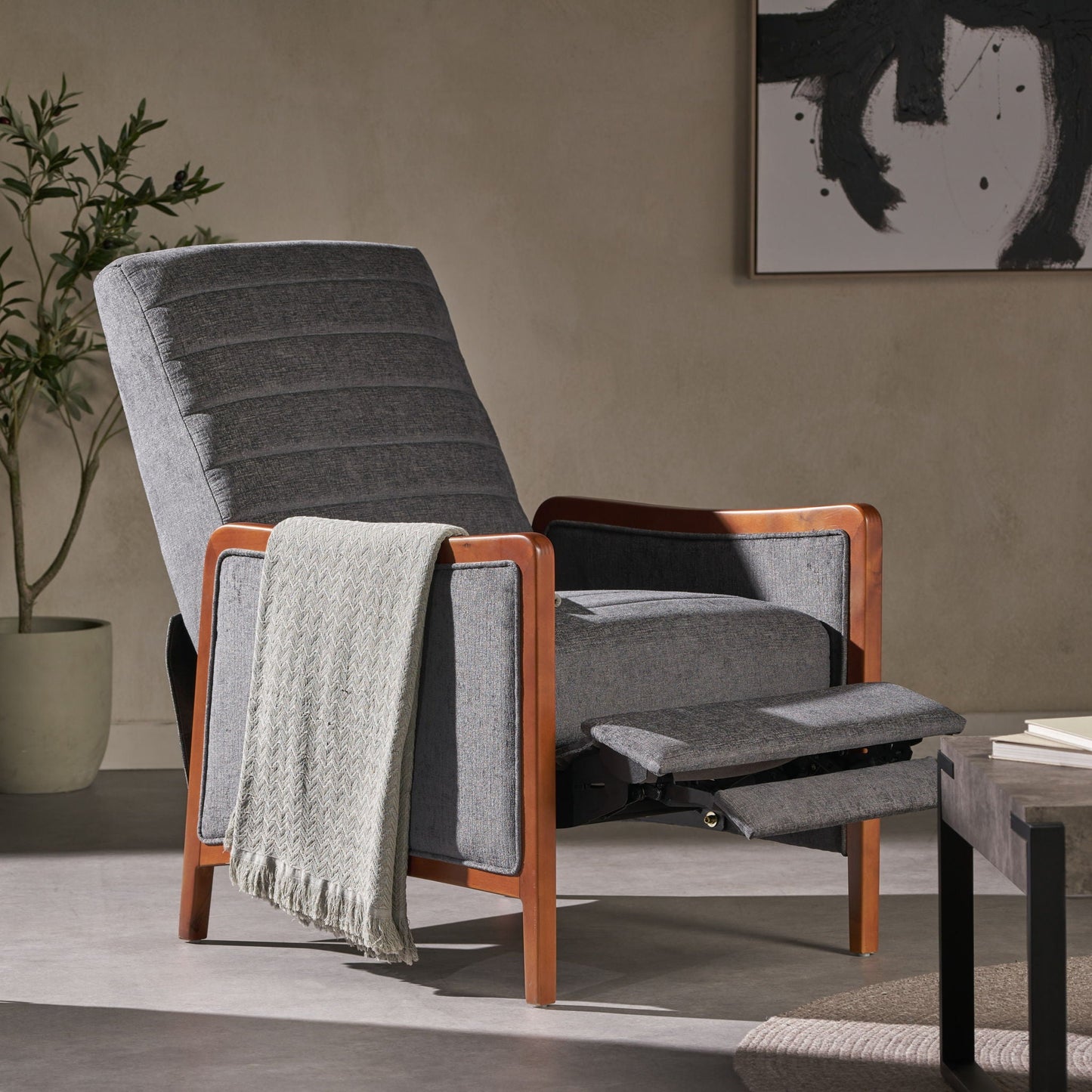 Mendota - Mid Century Modern Fabric Channel Stitch Wood Pushback Recliner - Gray Noble House
