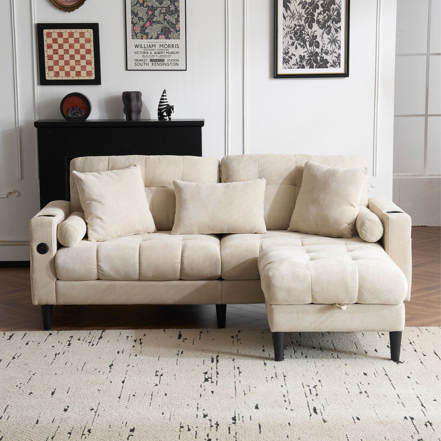 3 Seat L-Shaped Chenille Sofa With Removable And Storage Ottoman, Side Storage, And USB / C - Type Charging Ports Sofa For Living Room